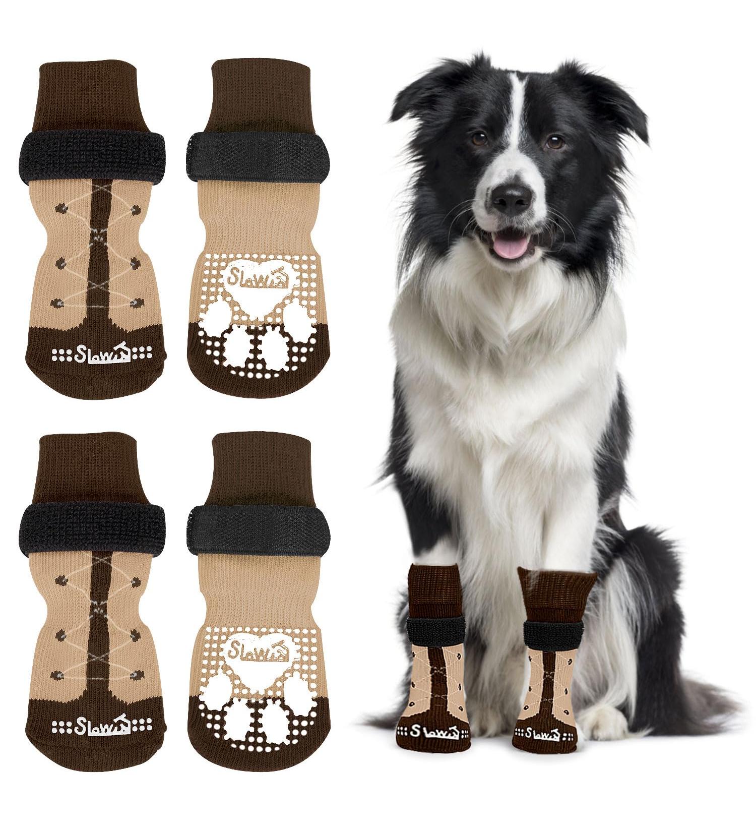 Eyein Anti-Slip Dog Socks - Double-Sided Soft Pfot Protection with Adjustable Velcro - 2 Pairs for Hardwood Floors - Size L Brown - Buy Online on GoSupps.com