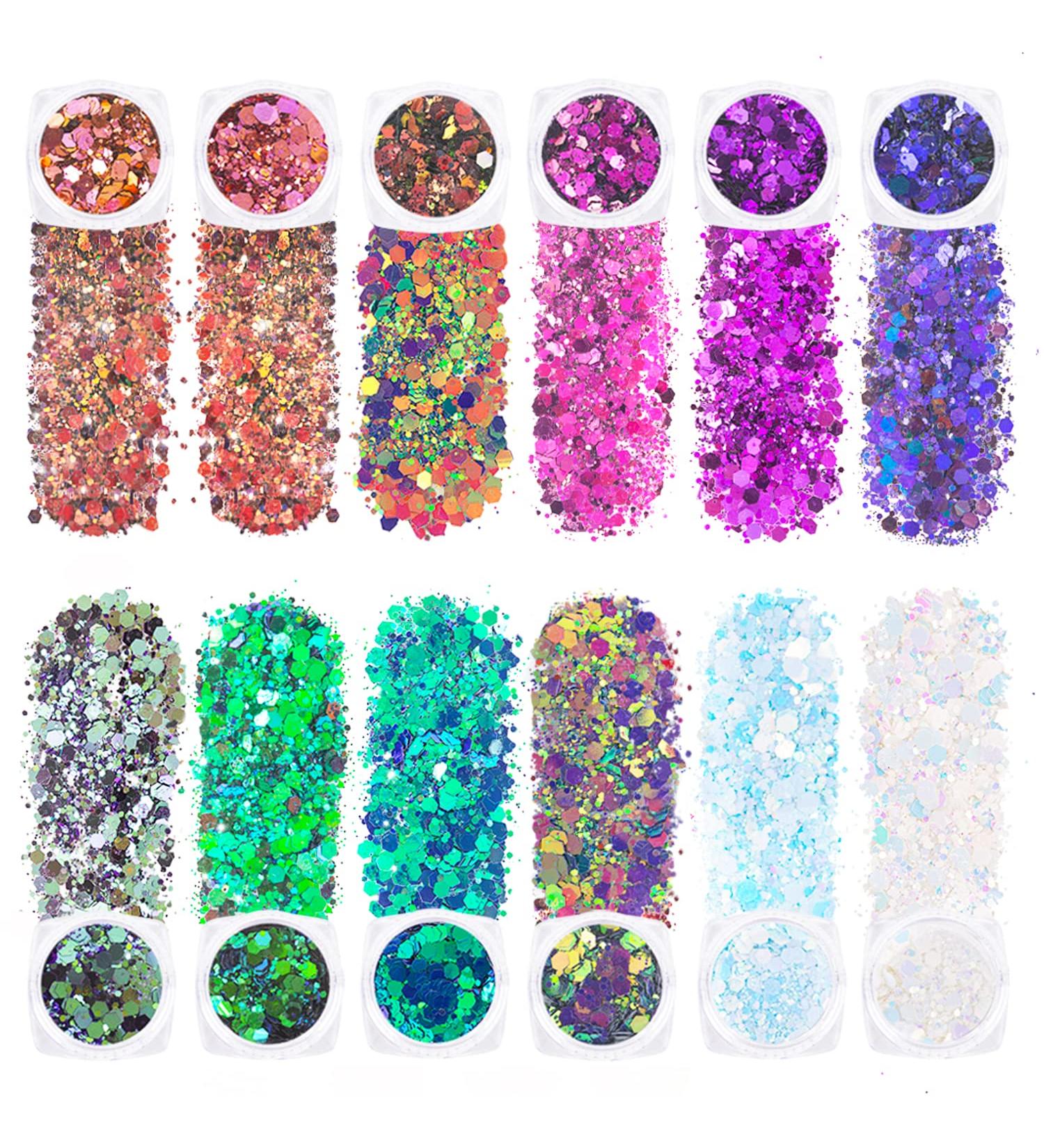 Gwawg 12 Colors Face Glitter - Holographic Chunky Glitter for Festival Makeup Body Hair Nail Art & DIY Projects - Buy Online on GoSupps.com
