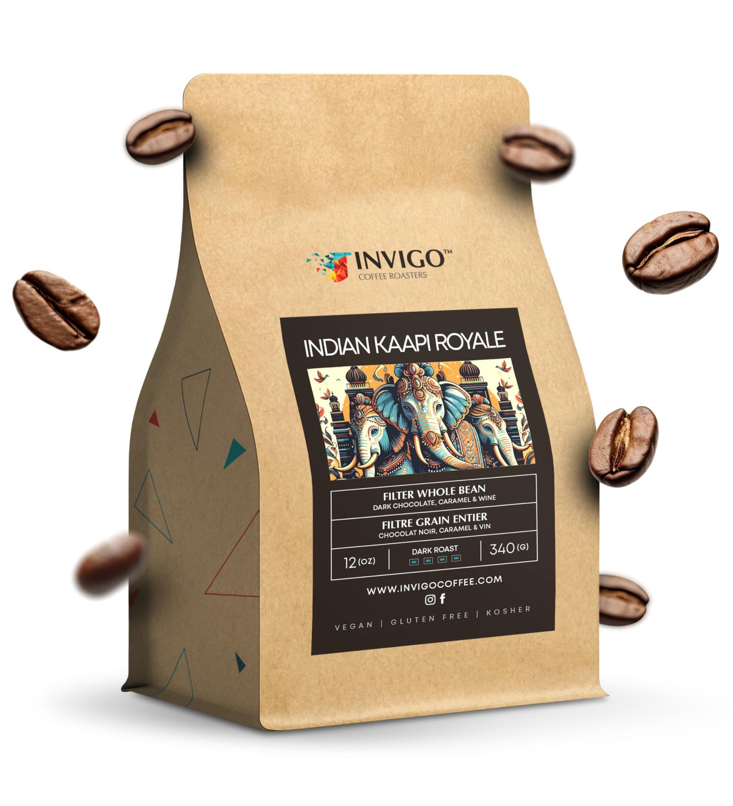 Invigo Filter Coffee Beans 340g - Whole Coffee Beans Small Batch & Local Premium Roasting Vegan & Gluten-Free Gift for Coffee Lovers Whole Bean Indian Kaapi Royale - Buy Online on GoSupps.com