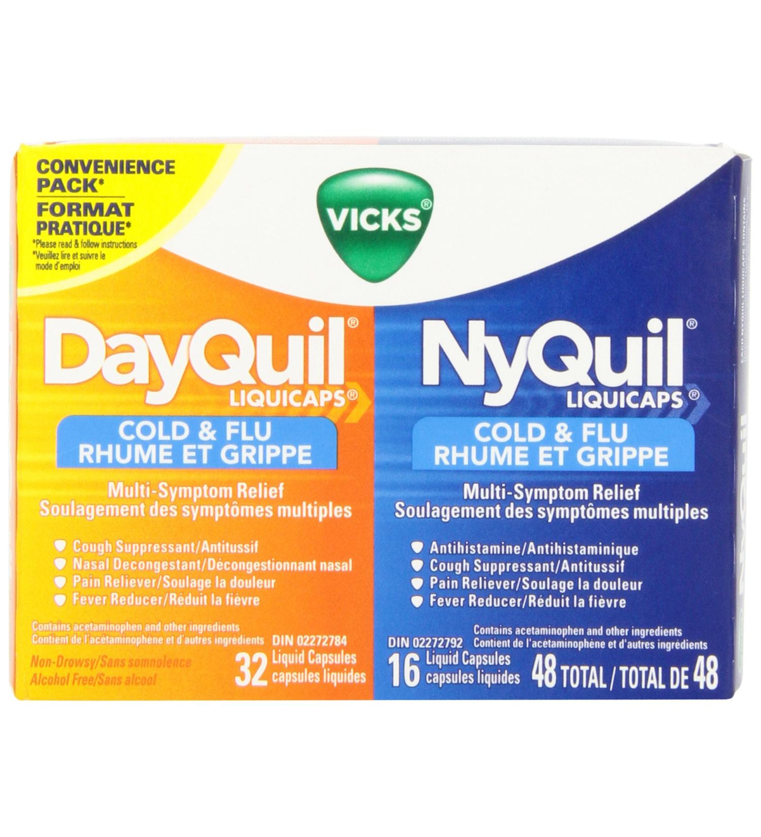 Vicks DayQuil Cold & Flu Multi-Symptom Relief Liquid Capsules + Vicks NyQuil Cold & Flu Multi-Symptom Relief Liquid Capsules Total 48 Count - Buy Online on GoSupps.com