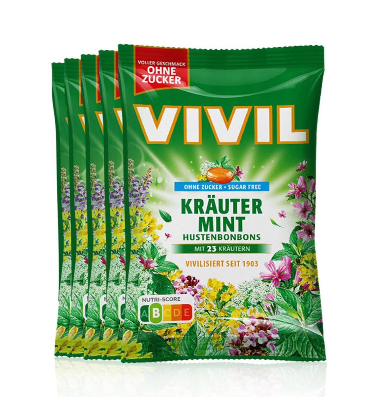 VIVIL Herbal Mint Cough Drops | Sugar-Free Vegan | 23 Herbs | 5 Bags x 120g - International Shipping - Buy Online on GoSupps.com