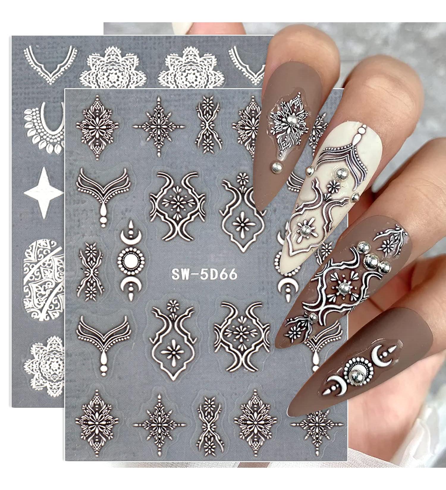 Embossed Bohemian Retro Lace Nail Art Stickers - 4 Sheets for Women and Girls - Buy Online on GoSupps.com