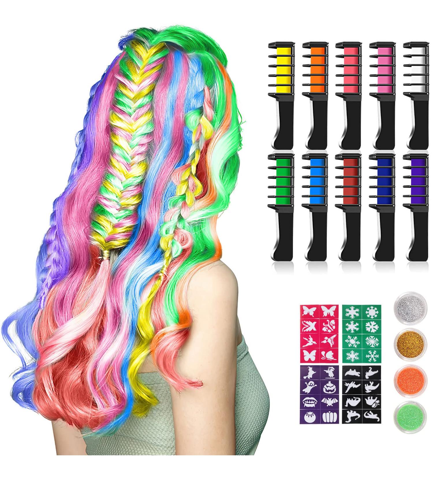 Kastiny Hair Chalk for Girls - 10 Pieces Temporary Hair Colour Comb with Glitter Tubes & Stencils for Kids Party and Cosplay - Buy Online on GoSupps.com