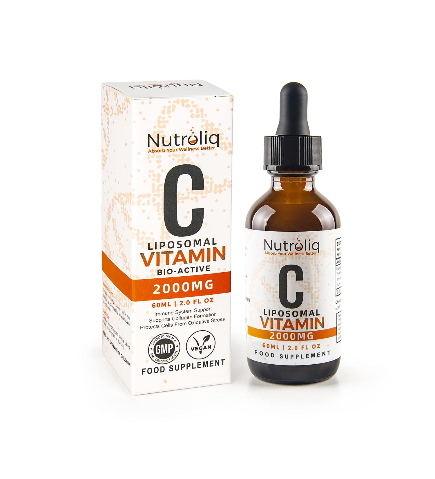 Nutroliq Liposomal Vitamin C Liquid Drops - 2000mg Vegan Supplement for Immune Support - Natural Orange Flavour - 60ml Glass Bottle - Buy Online on GoSupps.com