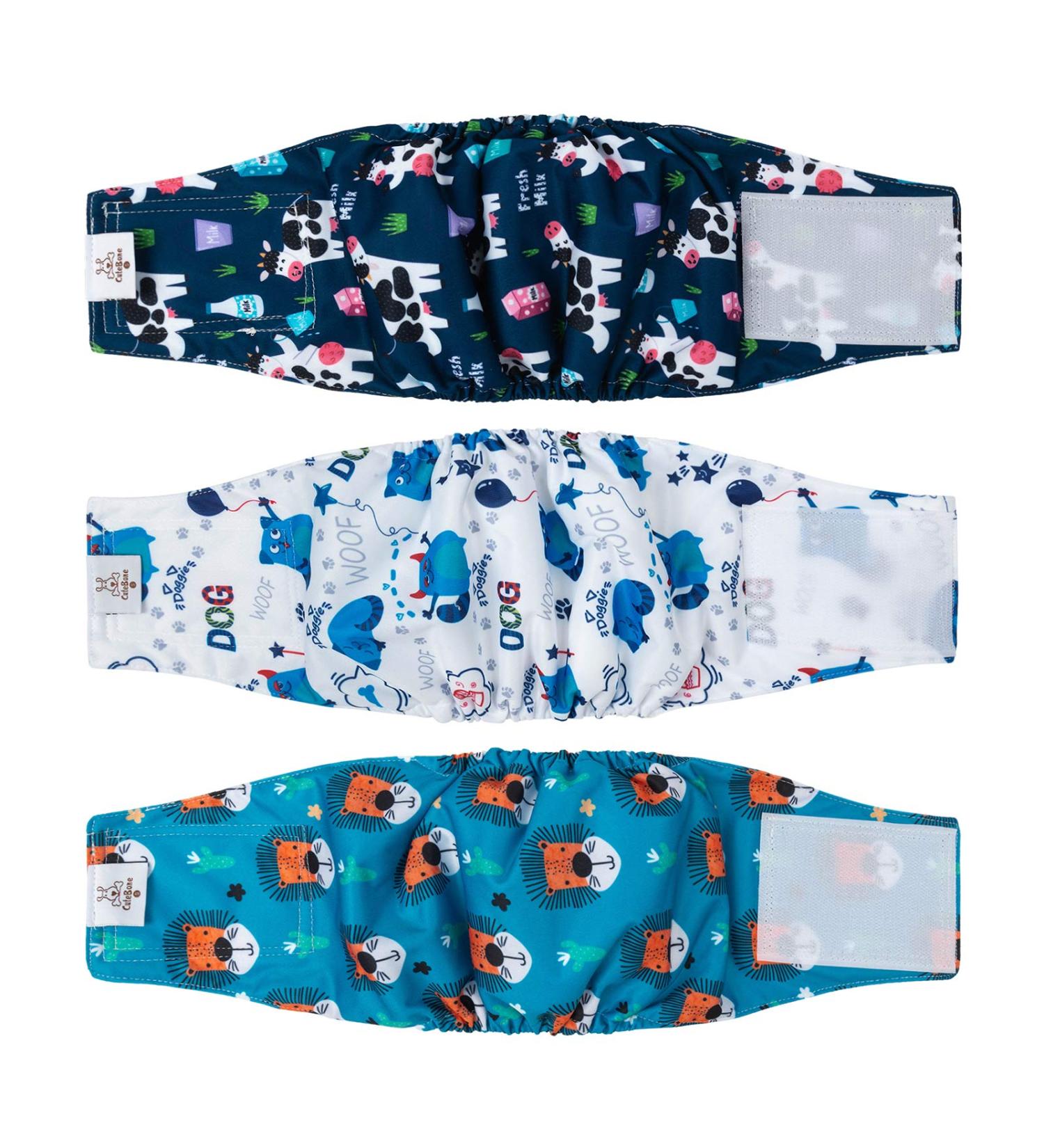 Cuteebone Male Washable Dog Diapers - Reusable Belly Bands for Dogs | 3 Pack Flexible Velcro High-Suction Wraps Cow Lion Design XS Size (23-28cm) - Buy Online on GoSupps.com