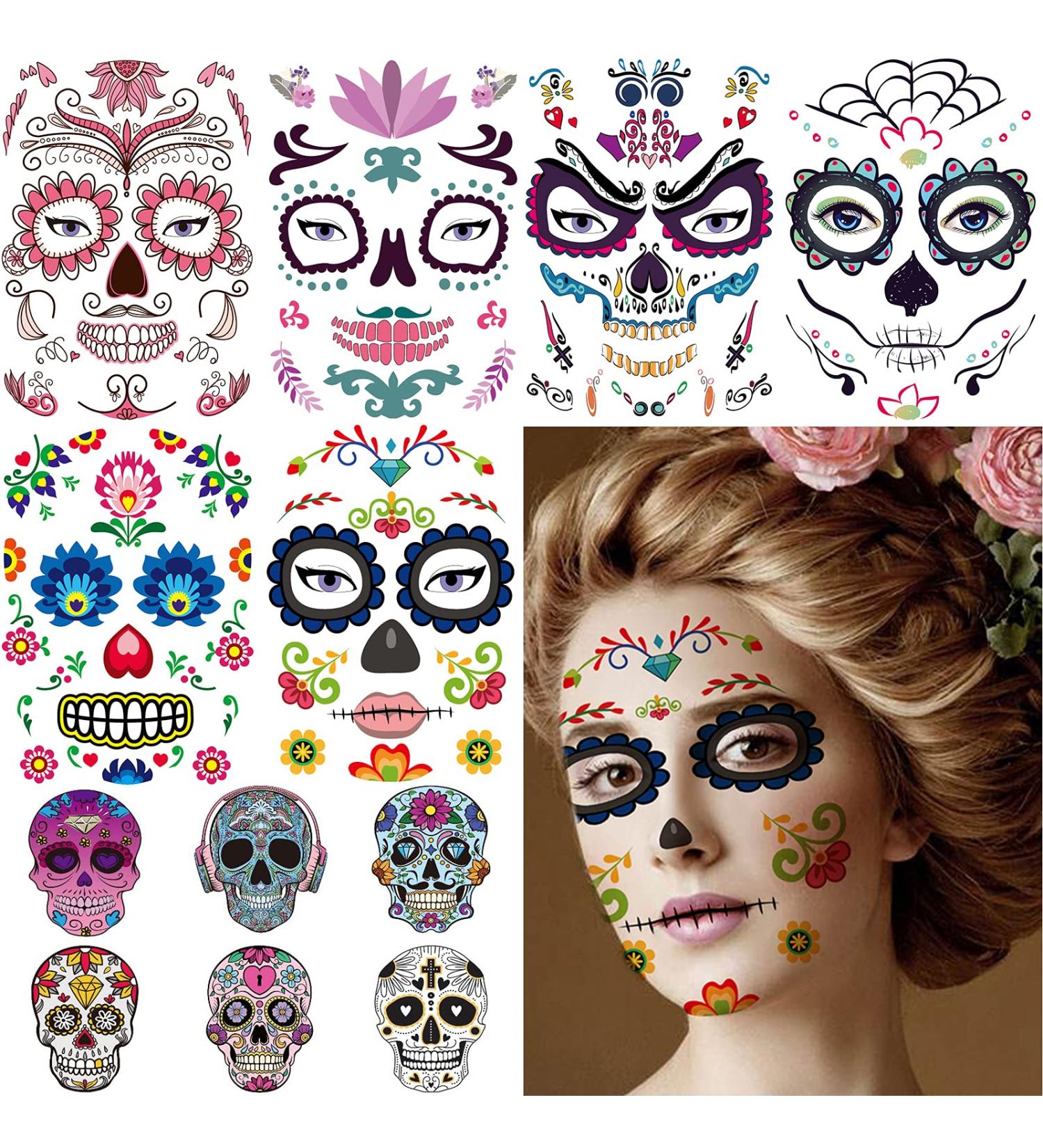 Day of the Dead Sugar Skull Tattoos - 12 Sheets, 6 Large Halloween Face Temporary Tattoos - Buy Online on GoSupps.com