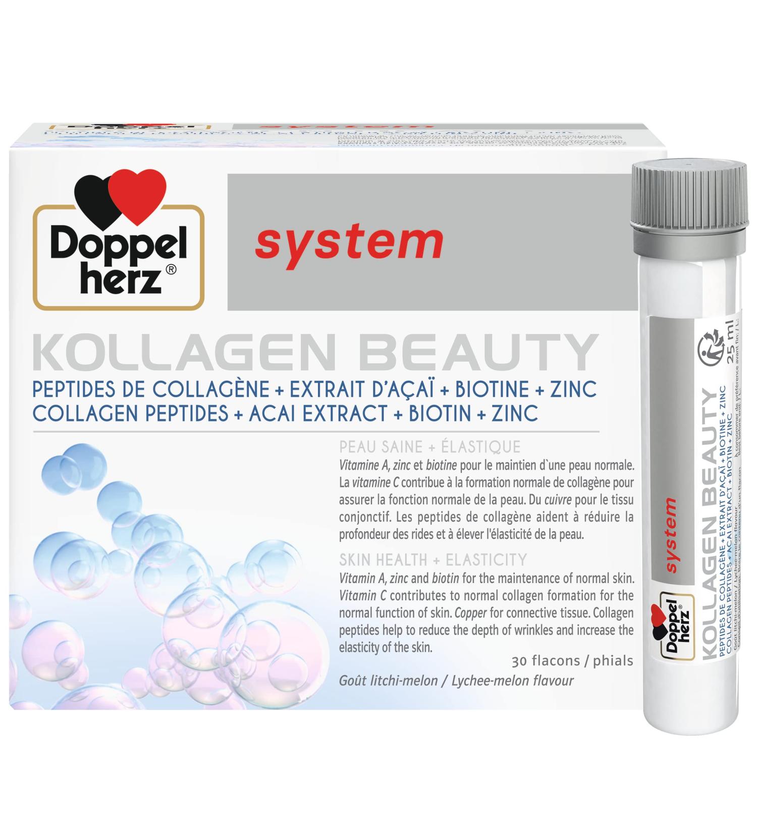Doppelherz Kollagen Beauty Collagen Peptides for Healthy More Elastic Skin Acai Extract Biotin and Zinc Lychee-Melon Flavor 30 Bottles of 25 ml - Buy Online on GoSupps.com