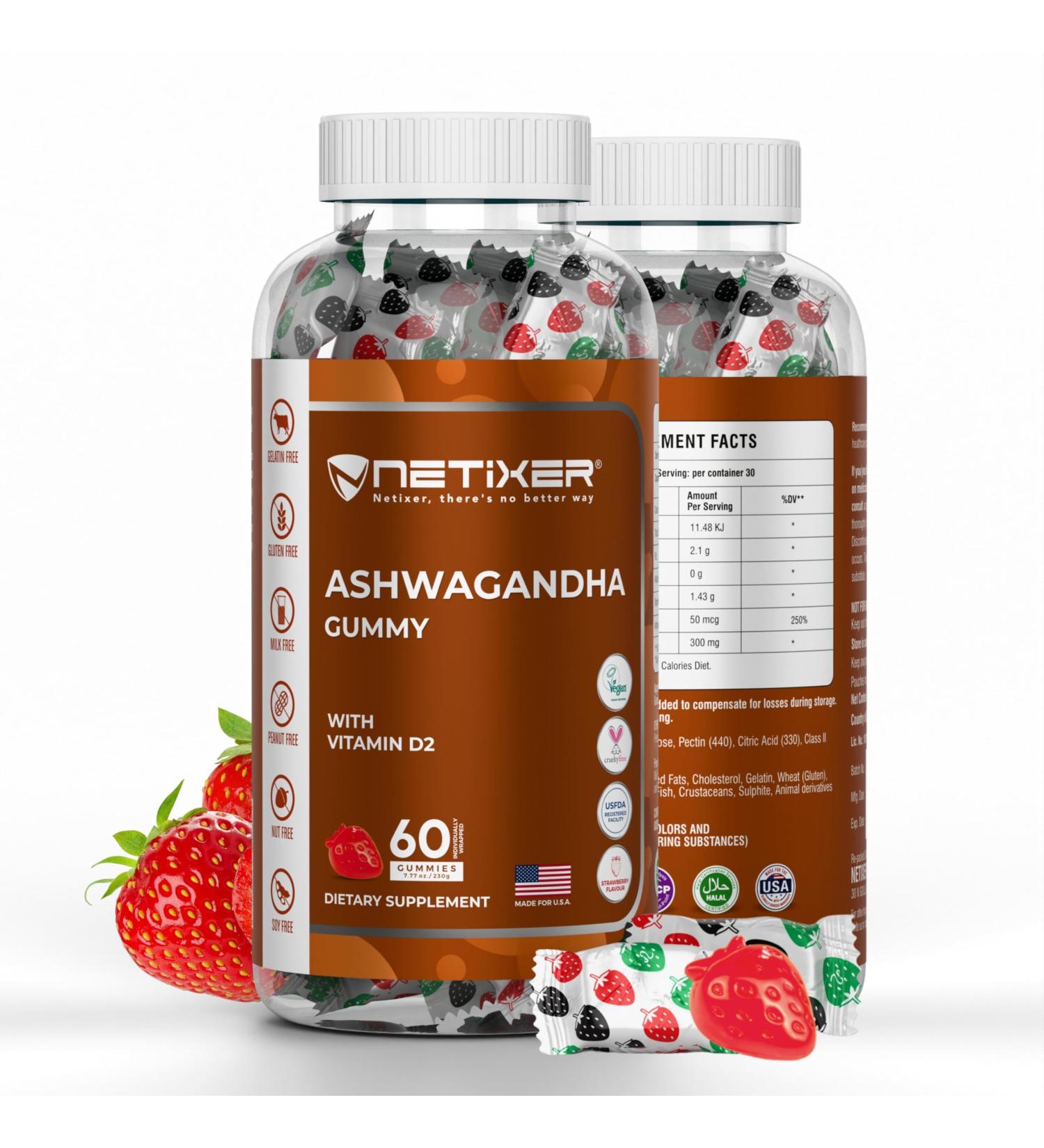 nETiXER Ashwagandha Gummies Vegan, Strawberry Flavor with KSM-66 300mg & Vitamin D2 50mcg Gluten-Free, Gelatin-Free, Non-GMO 60 Gummies Adaptogen Supplement for Adults - Buy Online on GoSupps.com