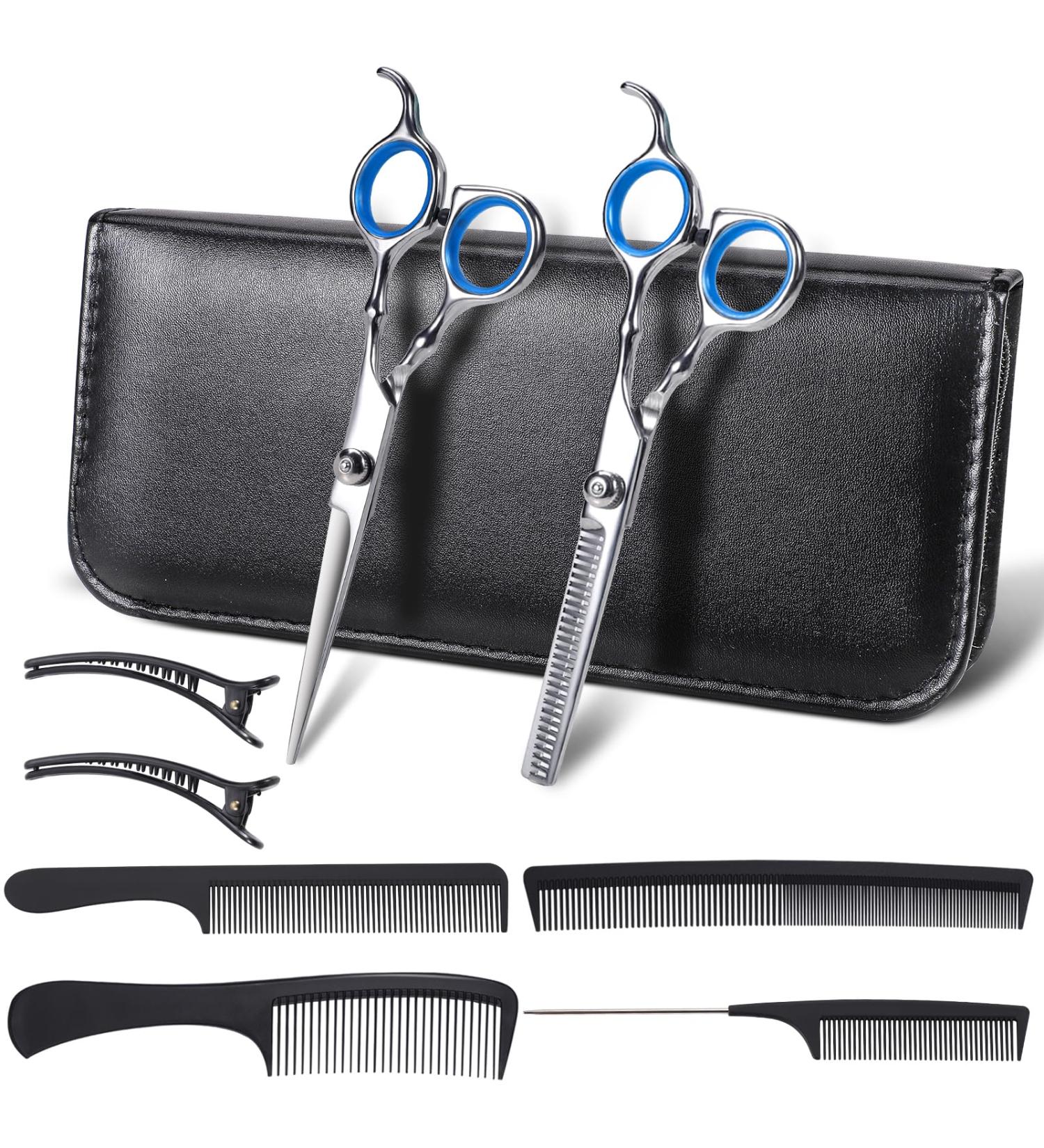 Professional 9-Part Hairdresser Scissors Set - 6.7in Effilator Scissors with Hair Clip Comb & Storage Bag for Beginners - Silver - Buy Online on GoSupps.com