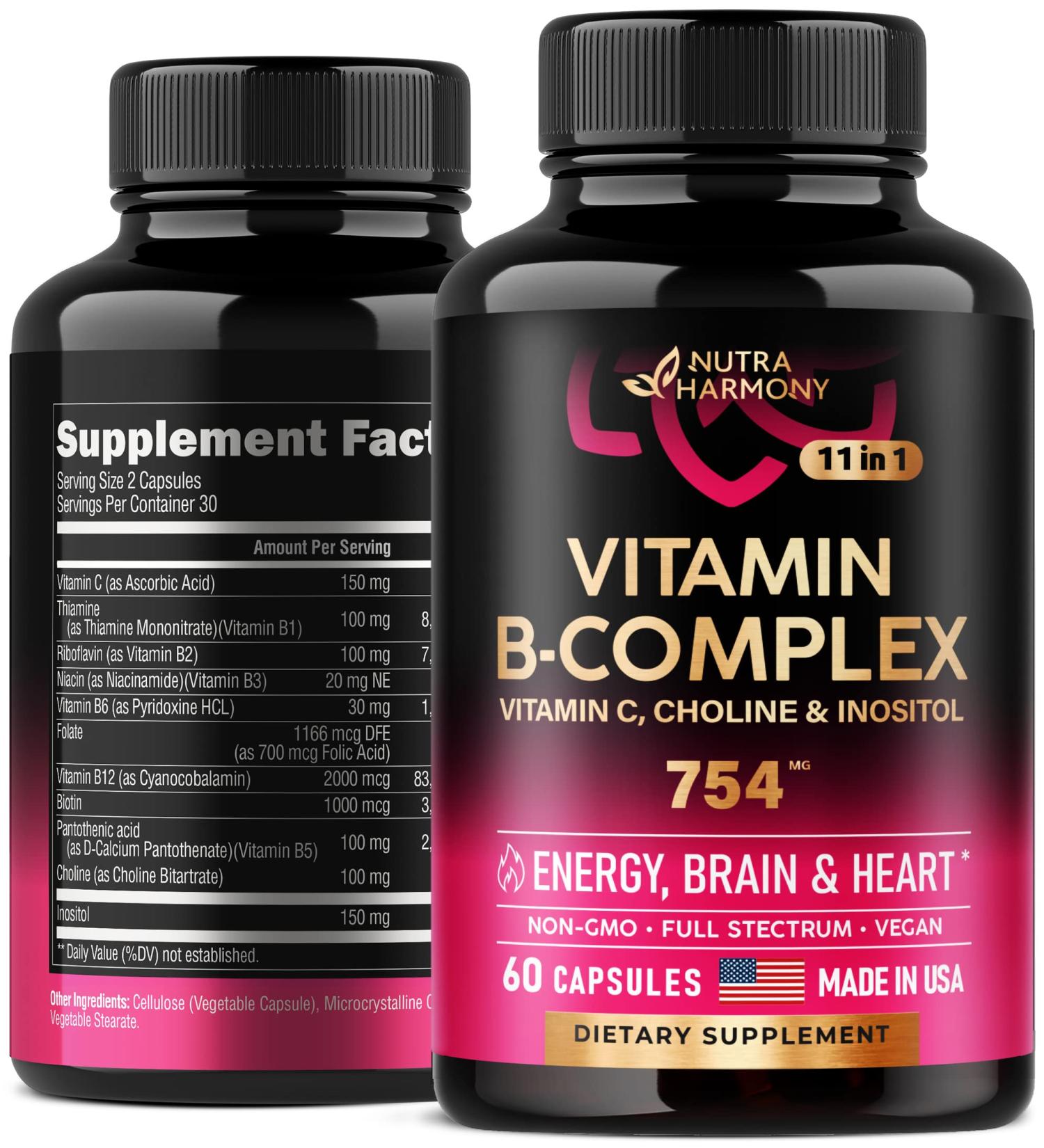 NUTRAHARMONY Vitamin B Complex with Vitamin C - 11-in-1 Energy and Brain Support Formula - Made in USA - 754mg, 60 Capsules - Buy Online on GoSupps.com
