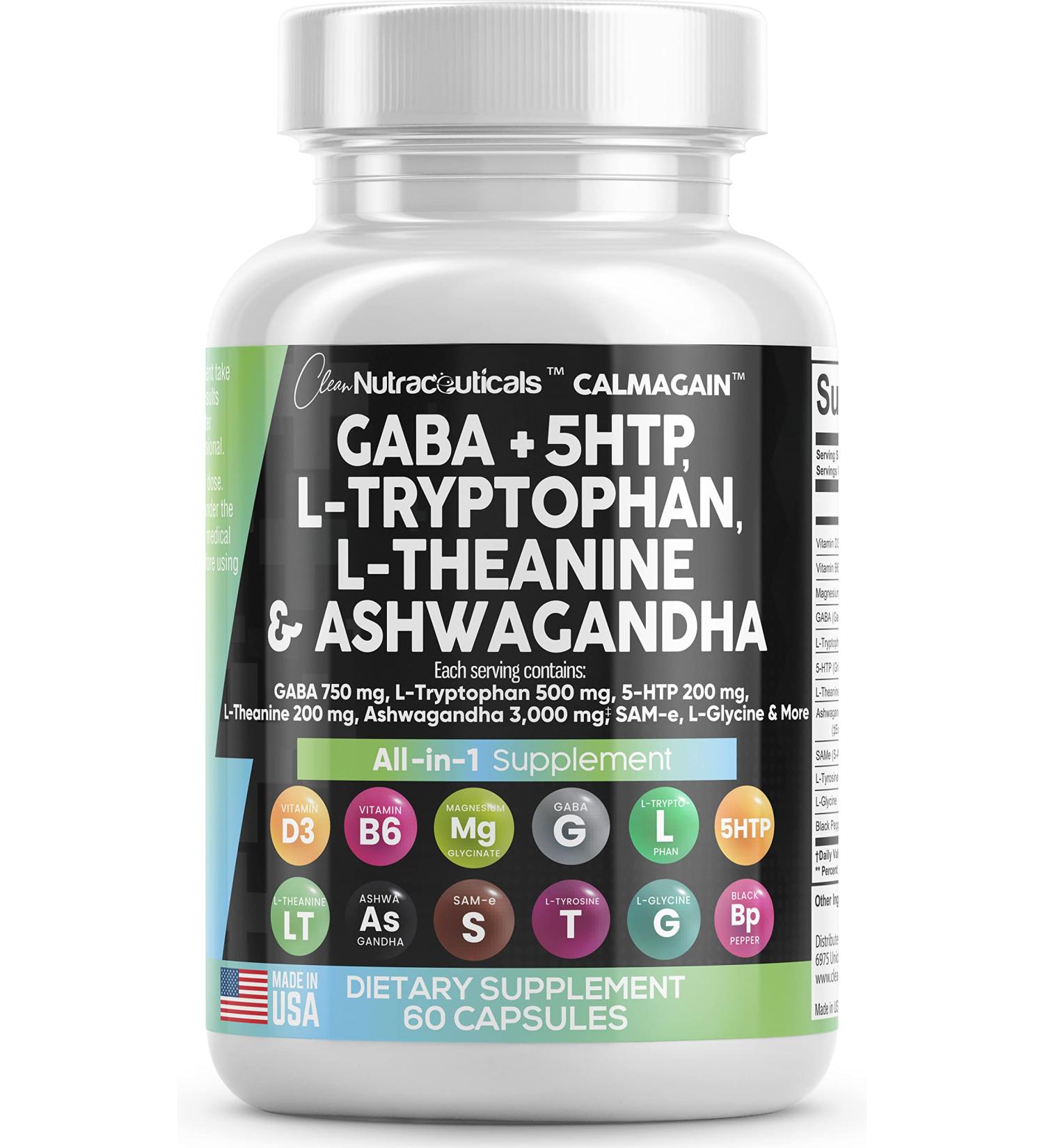 Clean Nutraceuticals GABA 750mg 5 HTP 200mg L Tryptophan 500mg L Theanine 200mg Ashwagandha 3000mg SAM-e L-Glycine - Mood Support Vitamins for Women and Men with L-Tyrosine - Made in USA 60 Caps - Buy Online on GoSupps.com