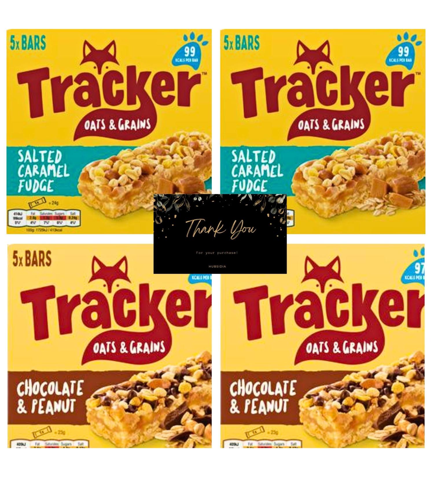Cereal Bar Bundle with 2 X Tracker Chocolate & Peanut Bars and 2 X Tracker Oats & Grains Salted Caramel Fudge Cereal Bars (4 Pack) with Hubsidia Thank you Card - Buy Online on GoSupps.com