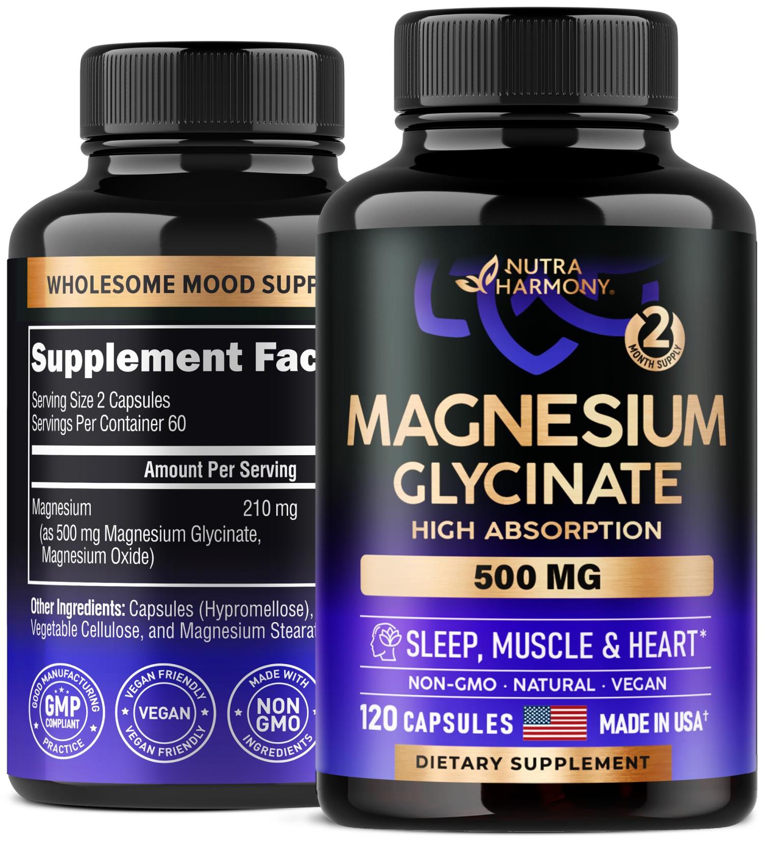 Mag Glycinate 500mg - High Absorption USA Made Supplement for Stress Relief & Sleep - 120 Capsules - Buy Online on GoSupps.com