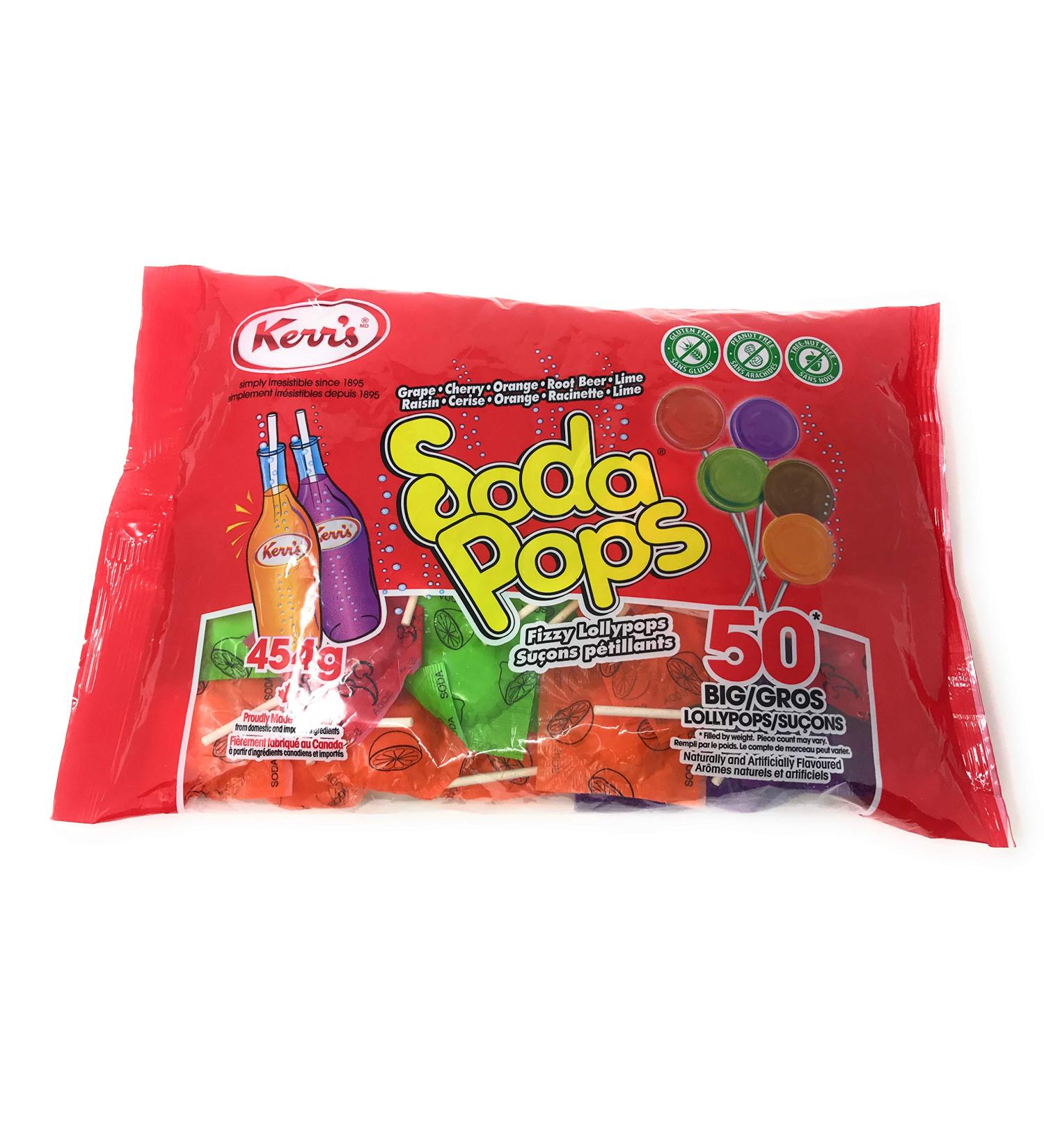 Soda Pops Fizzy Lollypops - Grape Cherry Orange Root Beer & Lime - 454 g Bag - 50 Big Lollypops