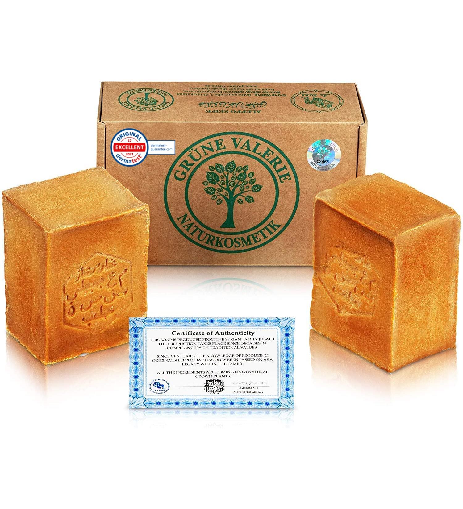 Green Valerie Original Aleppo Soap Set - 2 x 200g (400g+) | 20% Laurel Oil 80% Olive Oil | 6 Years Matured | Natural Handicraft Soap | Dermatest Excellent Rating | Best for Hair & Skin Care - Buy Online on GoSupps.com