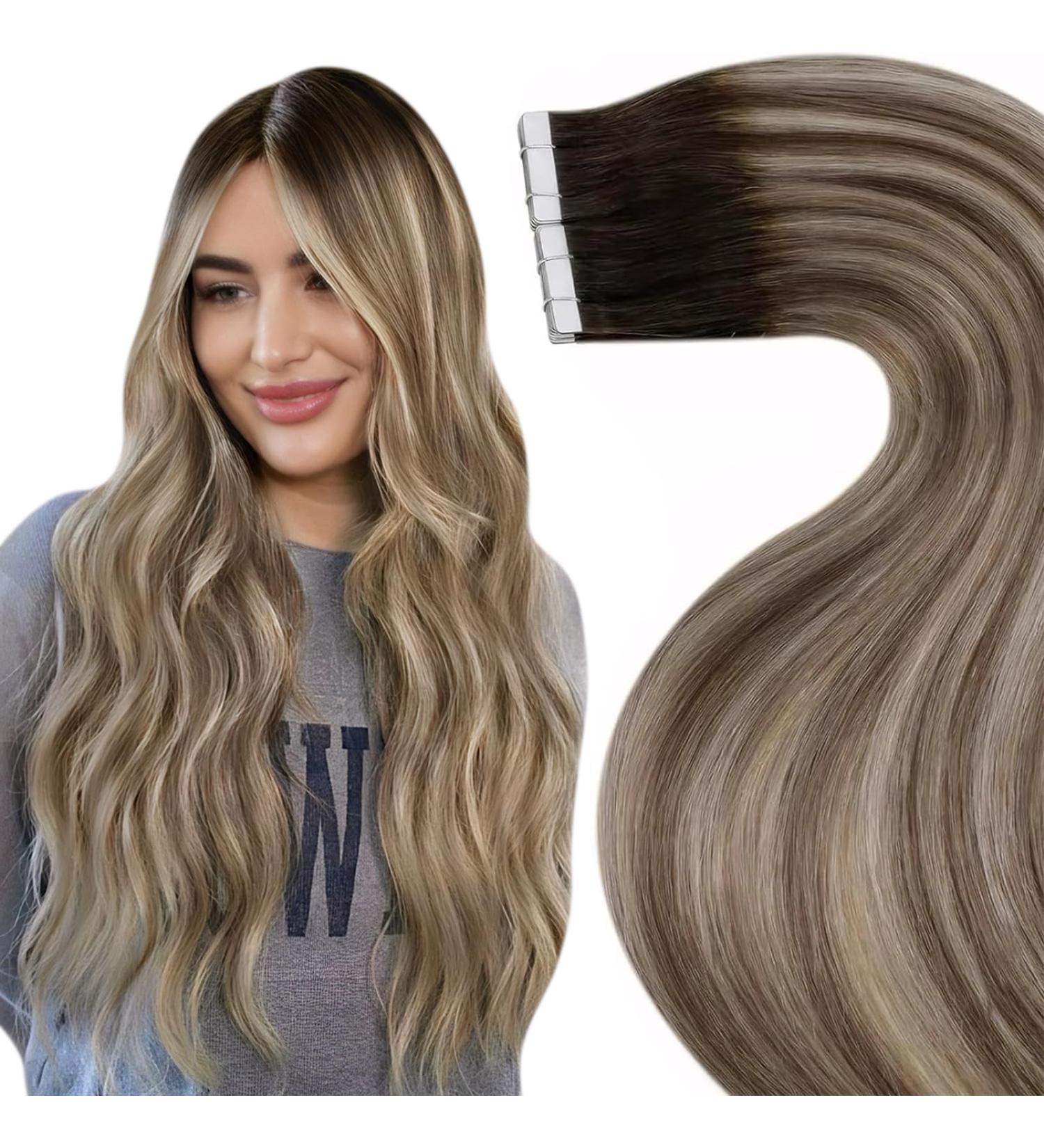 LAAVOO Ombre Brown Tape In Hair Extensions - Real Remy Hair 50g 20pcs #3T8/24 35cm - Dark Brown & Light Blonde - Buy Online on GoSupps.com