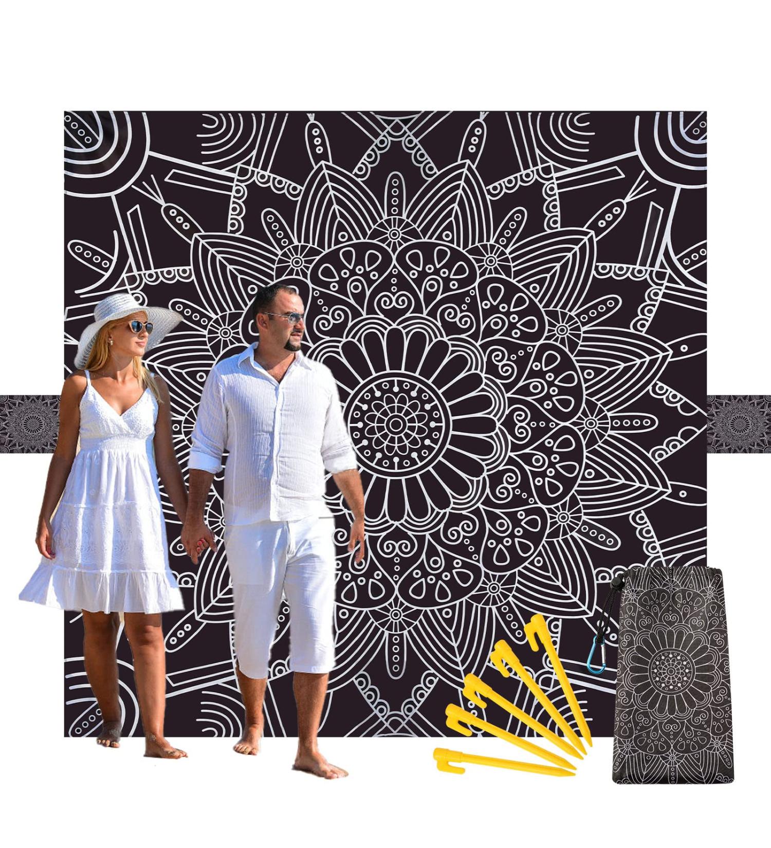 Waterproof Sandproof Oversized Beach Blanket 79x79 - Lightweight Portable Outdoor Mat for Travel, Camping & Vacation - Black Mandala Design - 1-4 Person Size - Buy Online on GoSupps.com