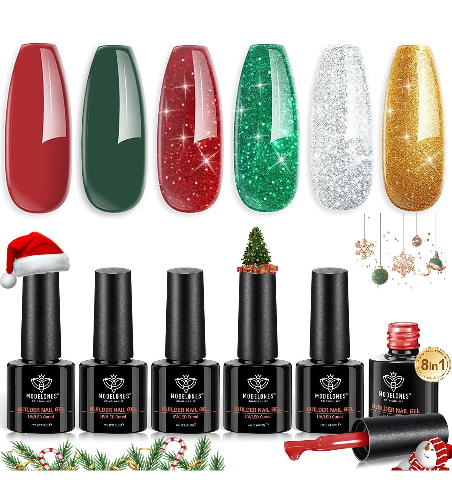 Modelones 8-in-1 Builder Nail Gel Set - 6 Colors Sparkle Green Glitter Gold Silver Builder Gel Polish for Christmas Gifts - Buy Online on GoSupps.com
