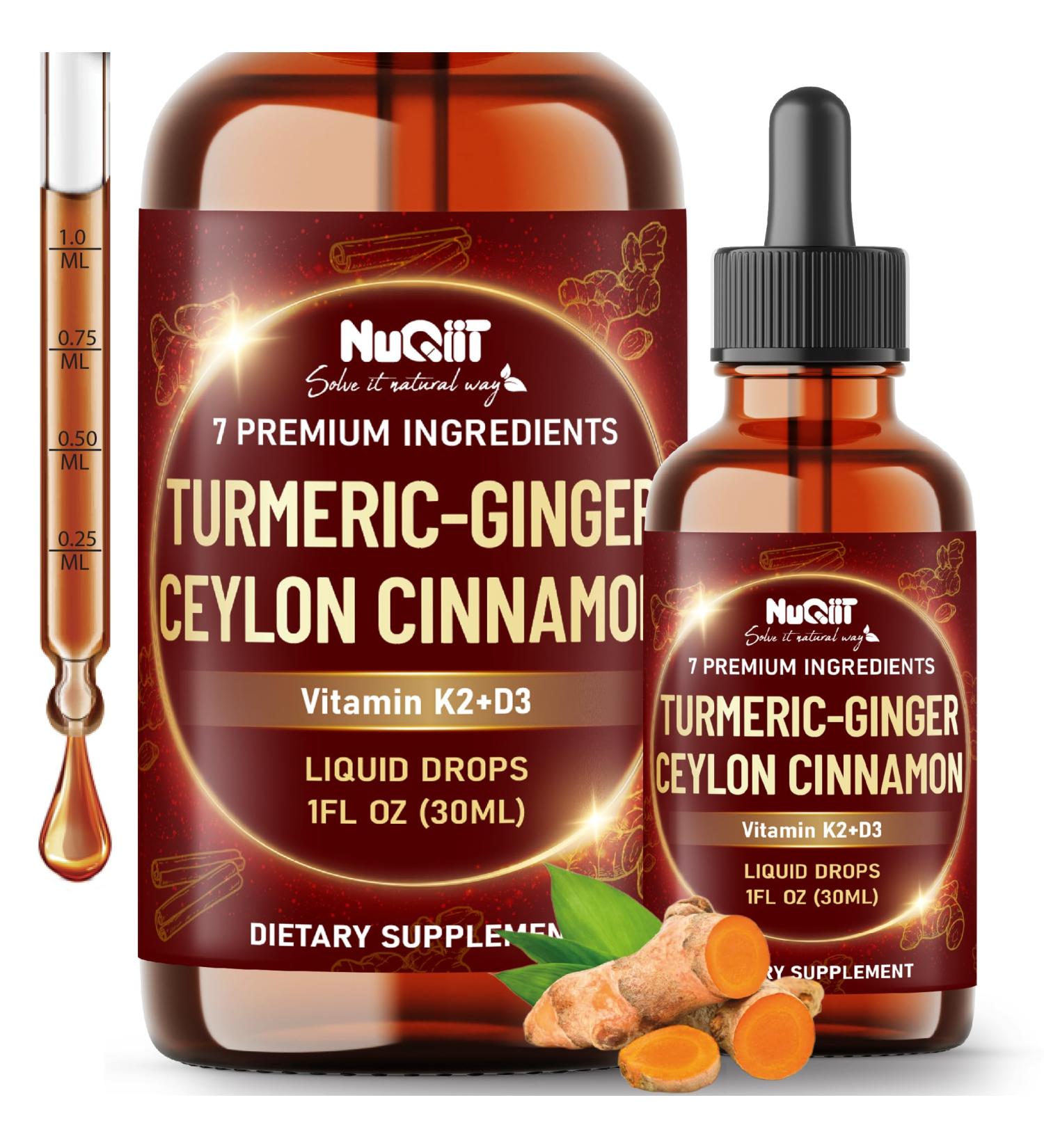 7in1 Liquid Turmeric Curcumin with Vitamin D3 Vitamin K2 Ginger Ceylon Cinnamon Garlic Black Pepper - Drops Extract - 2 Month Supply - Buy Online on GoSupps.com