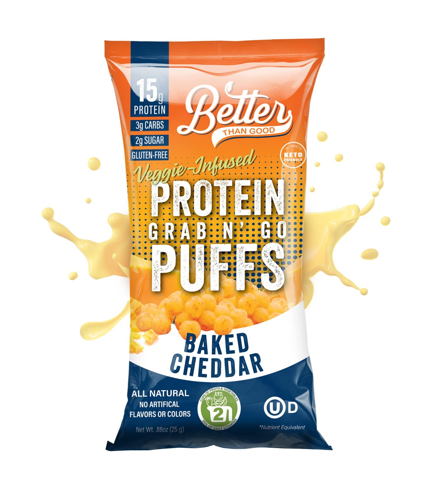 BETTER THAN GOOD Keto Protein Puffs | Baked Cheddar Flavor | 16g Protein, 2 Servings of Fruits & Veggies | Paleo, Low Sugar, Low Calories, Gluten Free - 6 pack - Buy Online on GoSupps.com