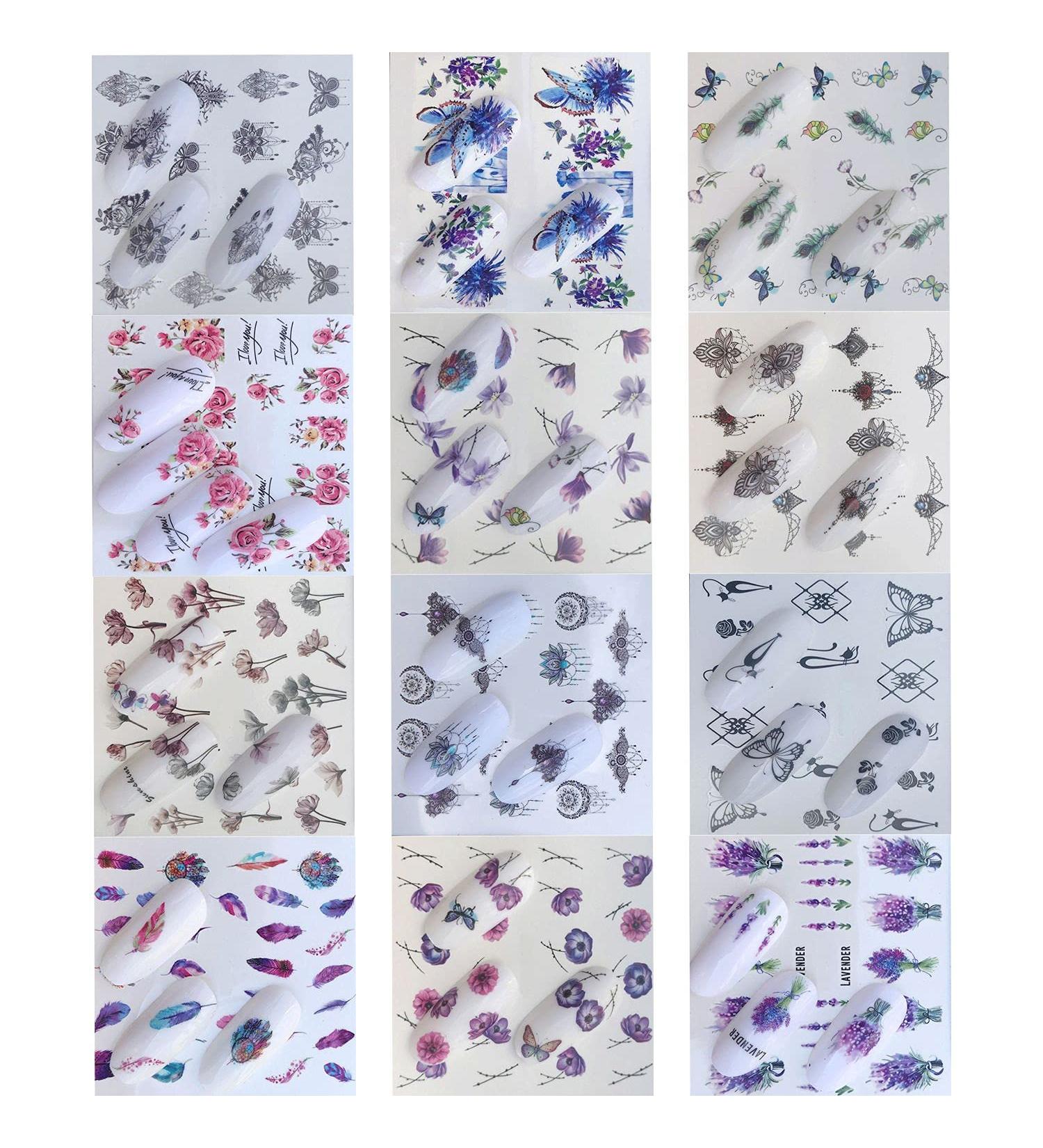 12 Sheets Variety Water Sticker Easy To Use Women Decoration Butterfly-shapeAnd Flowers Bloom Colorful Nail stickers - Buy Online on GoSupps.com
