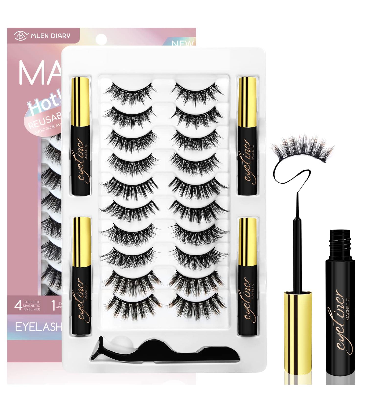 Mlen Diary Magnetic Eyelashes with Eyeliner Kit 3D Natural Look False Eyelashes with Applicator Waterproof Eyeliner Reusable Fake Lashes for Makeup Eyelashes Extension (10 Pack) - Buy Online on GoSupps.com