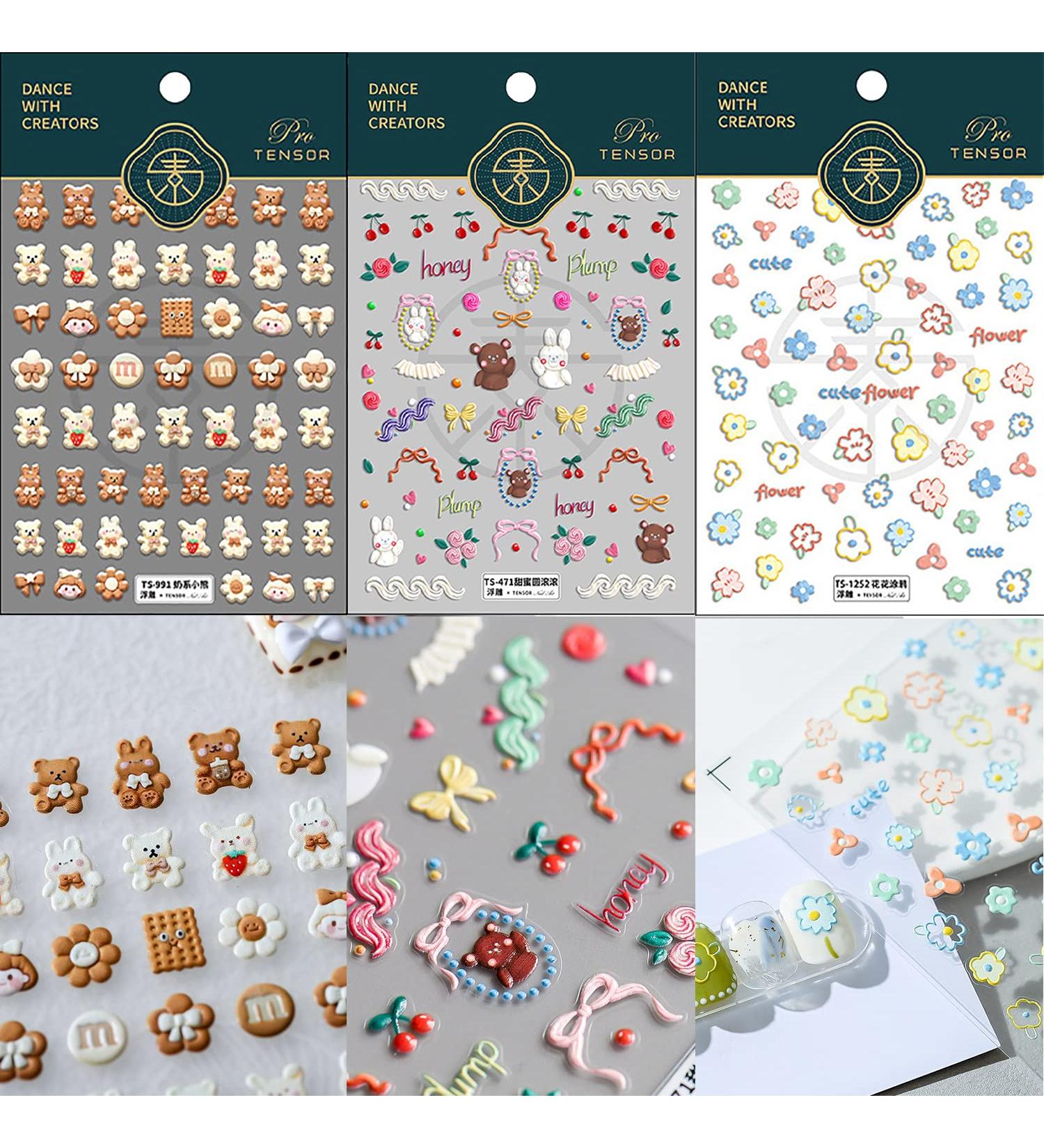 5D Cute Animal Bear Embossed Nail Stickers - Set of 3 Sheets | Self-Adhesive Nail Decals for Girls and Kids | Flower Cherry Rabbit Design | Manicure Supplies - Buy Online on GoSupps.com