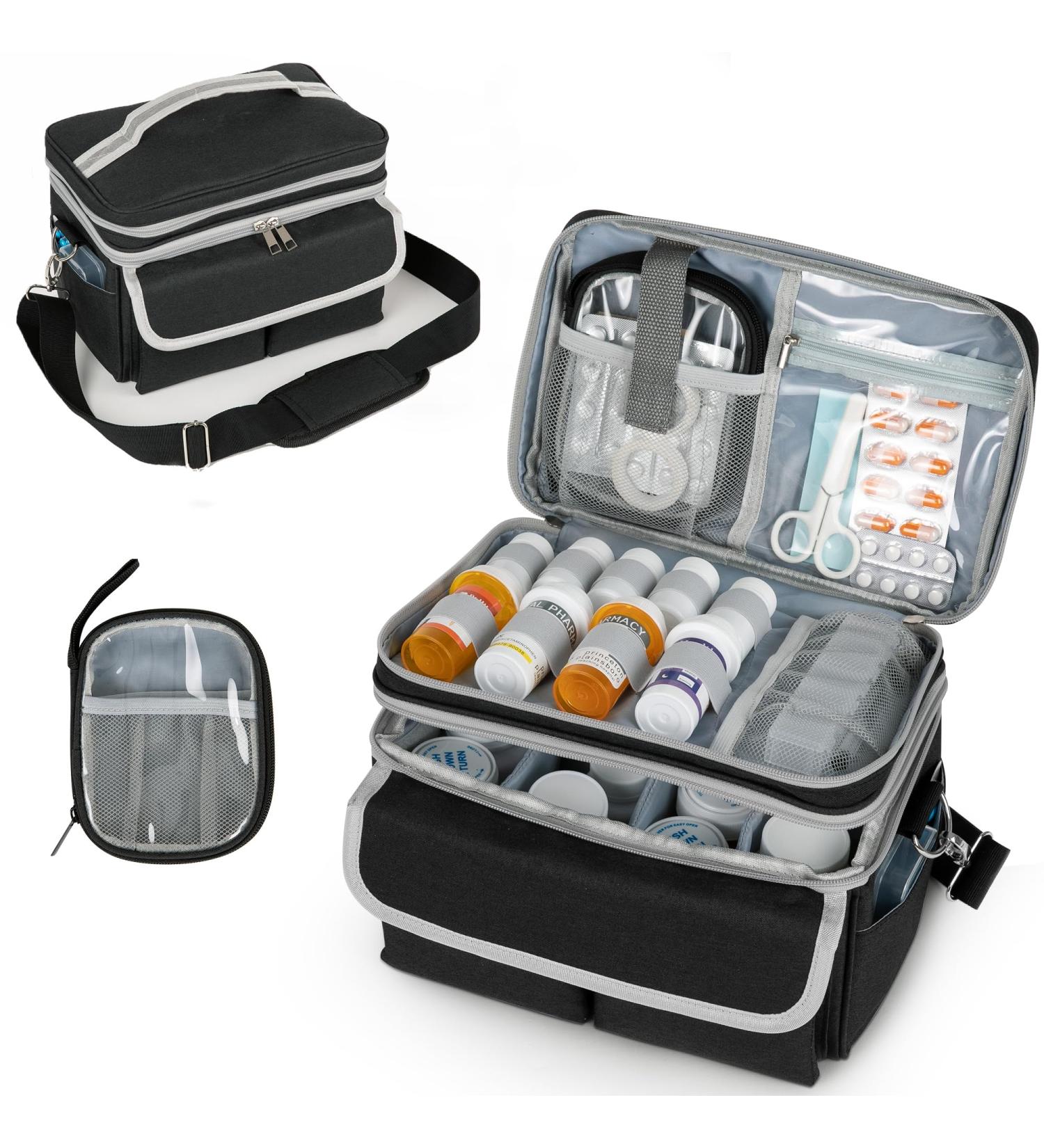 Medicine Storage Bag & Pill Bottle Organizer - Travel First Aid Kit with Shoulder Strap - Portable Black Medication Organizer - Buy Online on GoSupps.com