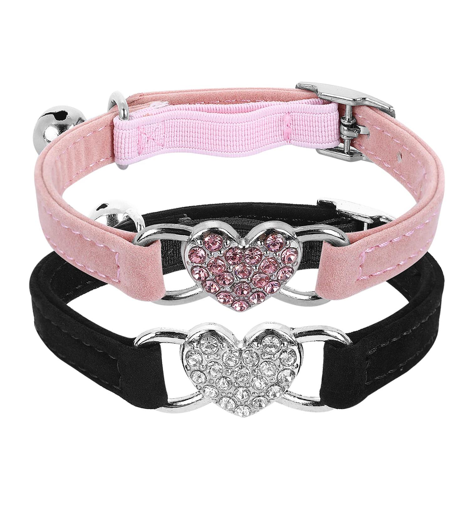 Shop Cobee Bling Heart Cat Neck Band - Adjustable Rhinestone Pet Collar with Bell for Small Cats & Dogs - Pink/Black - Buy Online on GoSupps.com