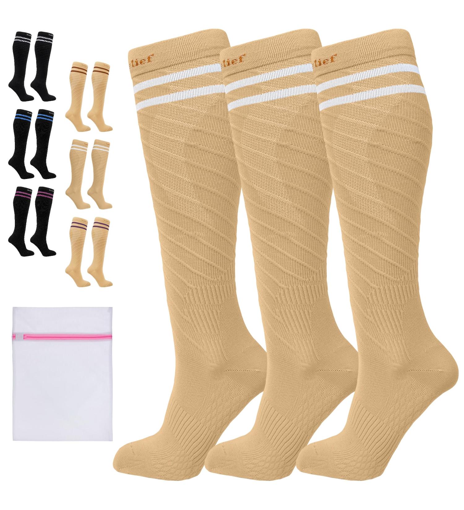 360 RELIEF - Flight Compression Socks Supports | Blood Circulation Travel Work XXL 3Pairs-Beige with 2 White lines - Buy Online on GoSupps.com