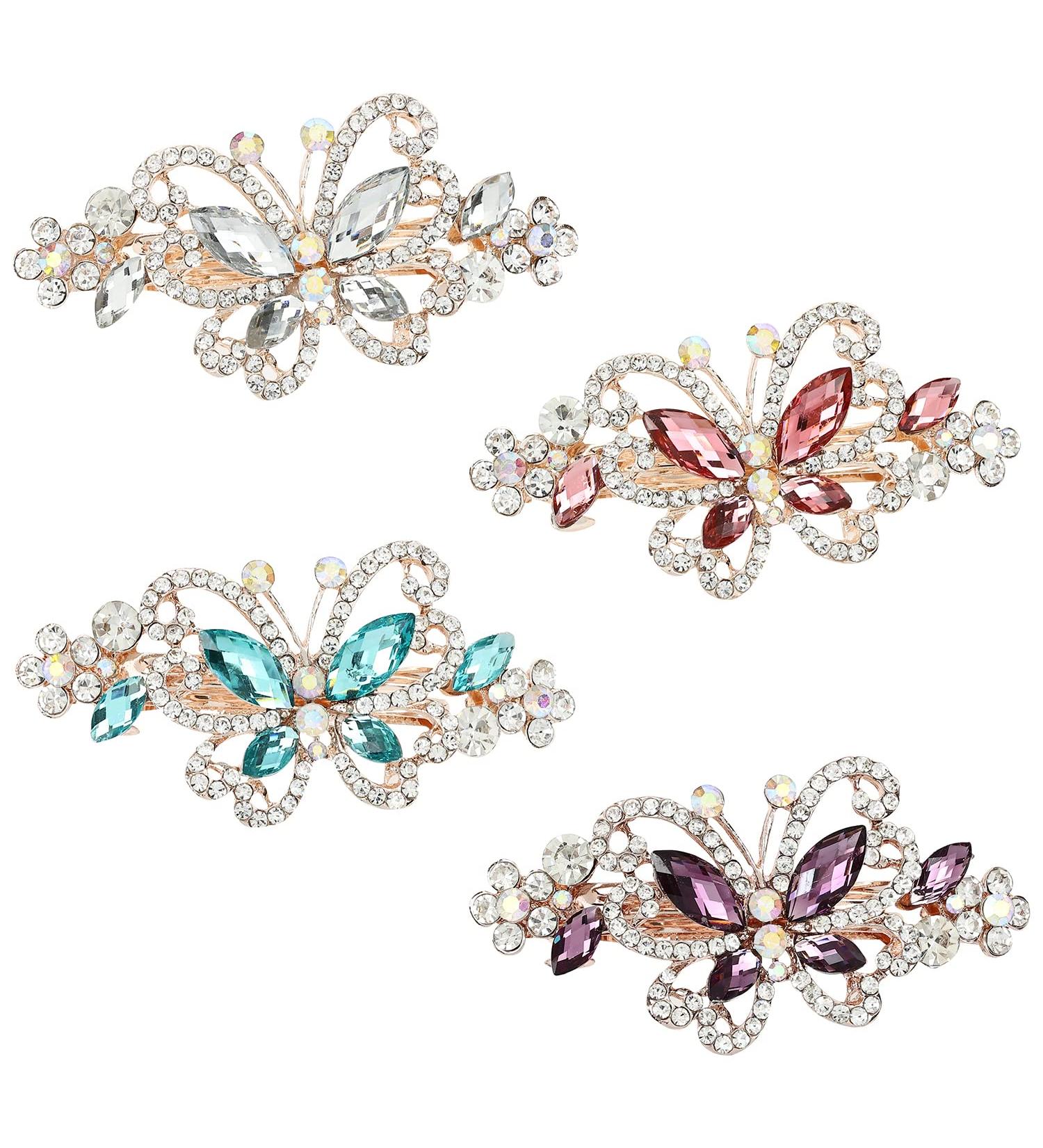 Sparkly Jeweled Butterfly Barrettes - 4 Pack Luxury Crystal Rhinestone Hair Clips - Buy Online on GoSupps.com
