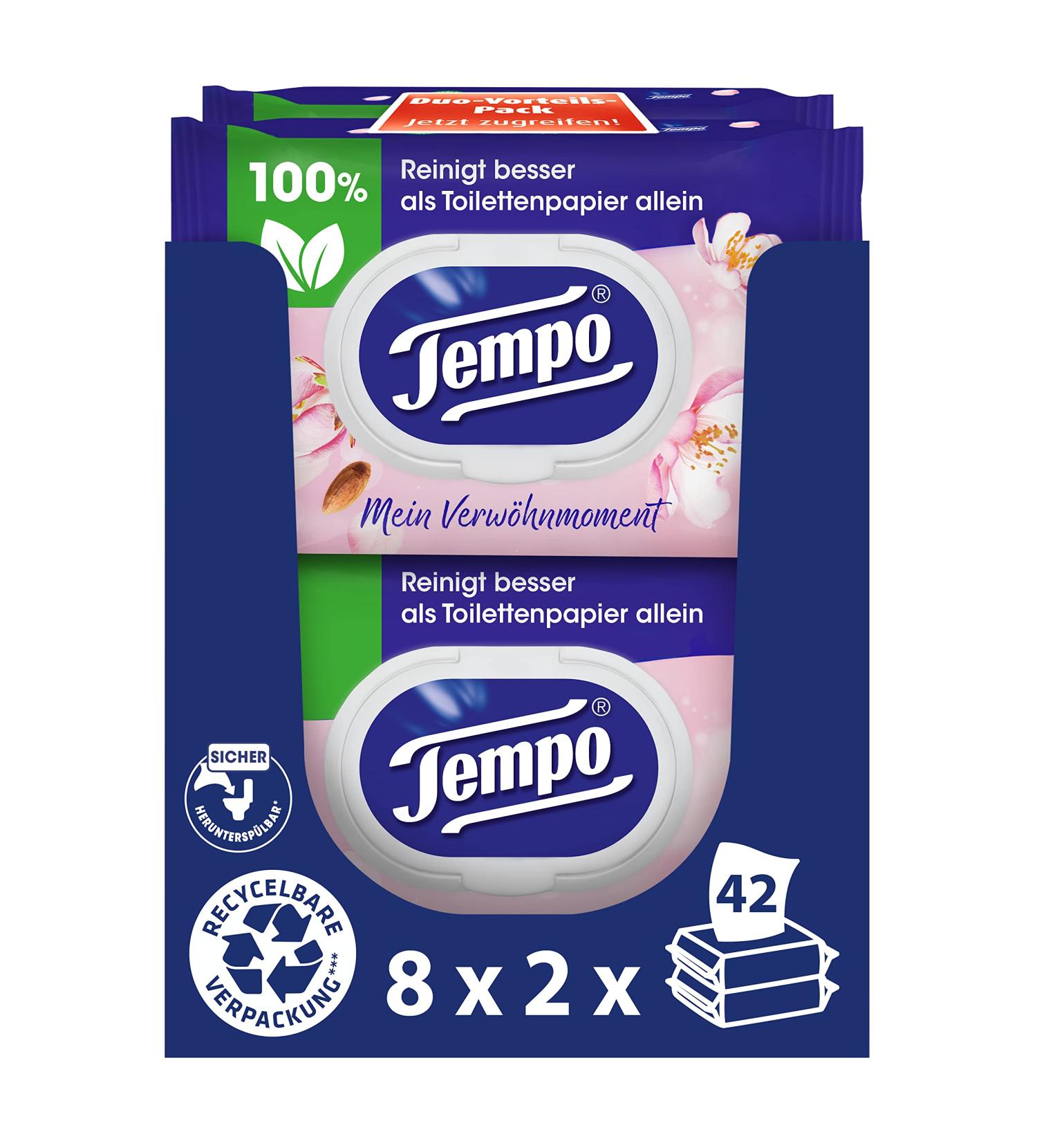 Tempo Toilet Paper with Almond Milk & Panthenol - 16 Pack (8 x 42 Sheets) | Soft Strong & Eco-Friendly - International Shipping Available - Buy Online on GoSupps.com