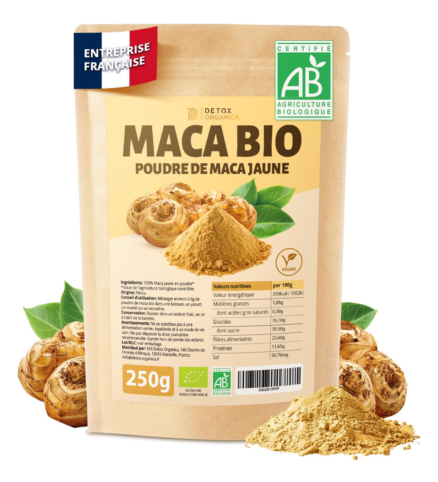 DETOX ORGANICA Maca Bio - 250g Poudre de Maca Jaune Bio - 100% Nature et Vegan - Racine du P rou riche en Vitamines et Min raux - Fertilit et Boost d'Energie - Qualit Premium 250 g (Lot de 1) - Buy Online on GoSupps.com
