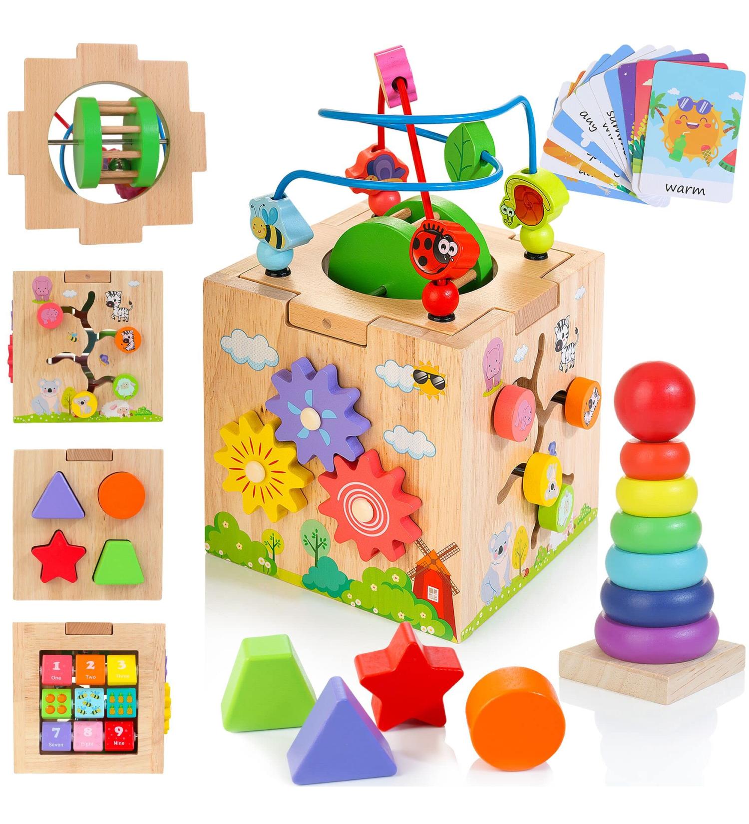 Kizfarm 8-in-1 Activity Cubes - Montessori Wooden Toys for 1 Year Olds | Motor Skills Development for Babies 12-18 Months | Perfect Birthday & Christmas Gift - Buy Online on GoSupps.com