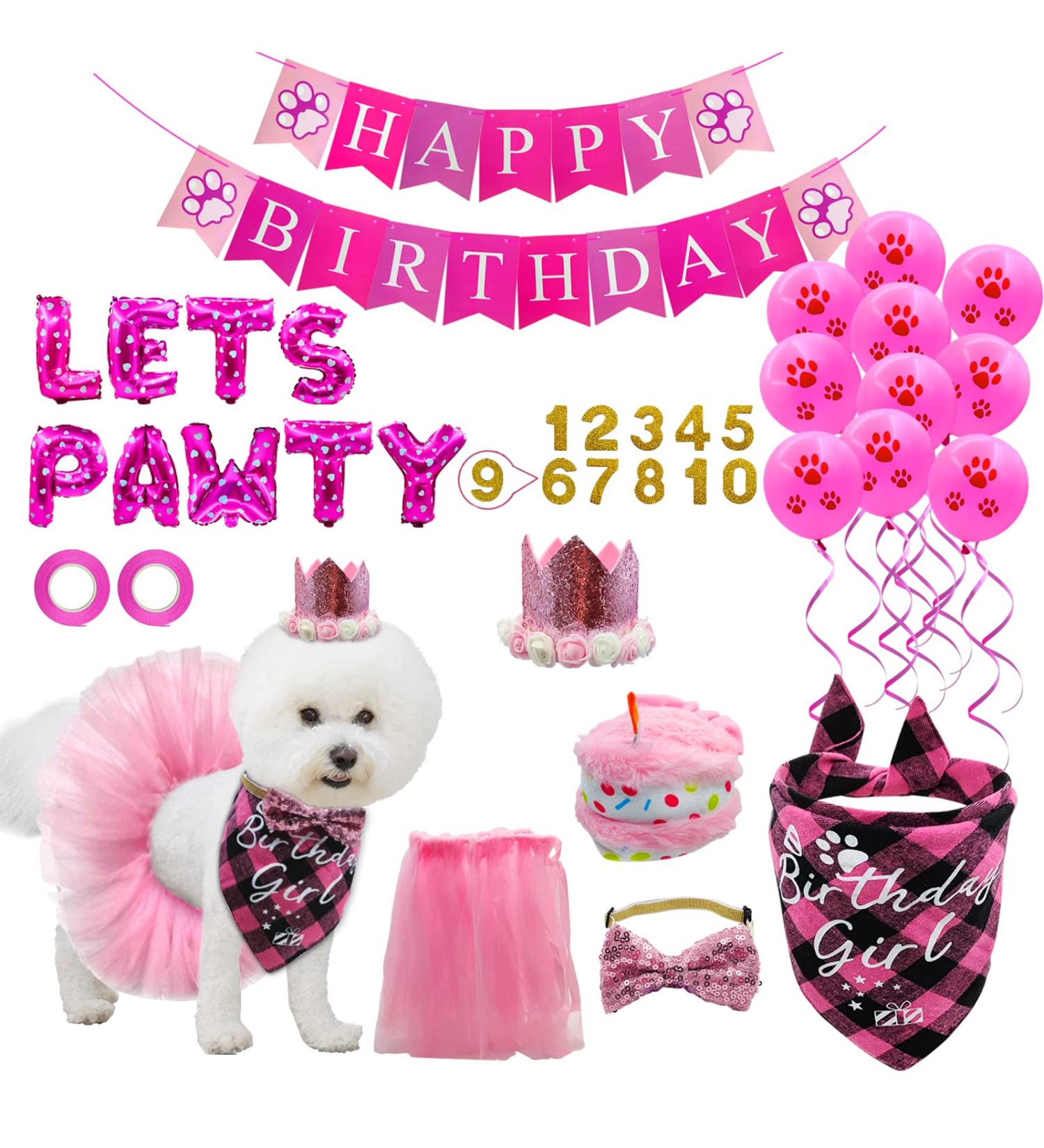 Dog Birthday Party Supplies LMSHOWOWO Dog Birthday Bandana Girl with Dog Birthday Hat Bow Tie Sticky Number Tutu Skirt Outfit LETS PAWTY Balloon Dog Birthday Banner Cake Toy for Dogs Pet (Pink) - Buy Online on GoSupps.com