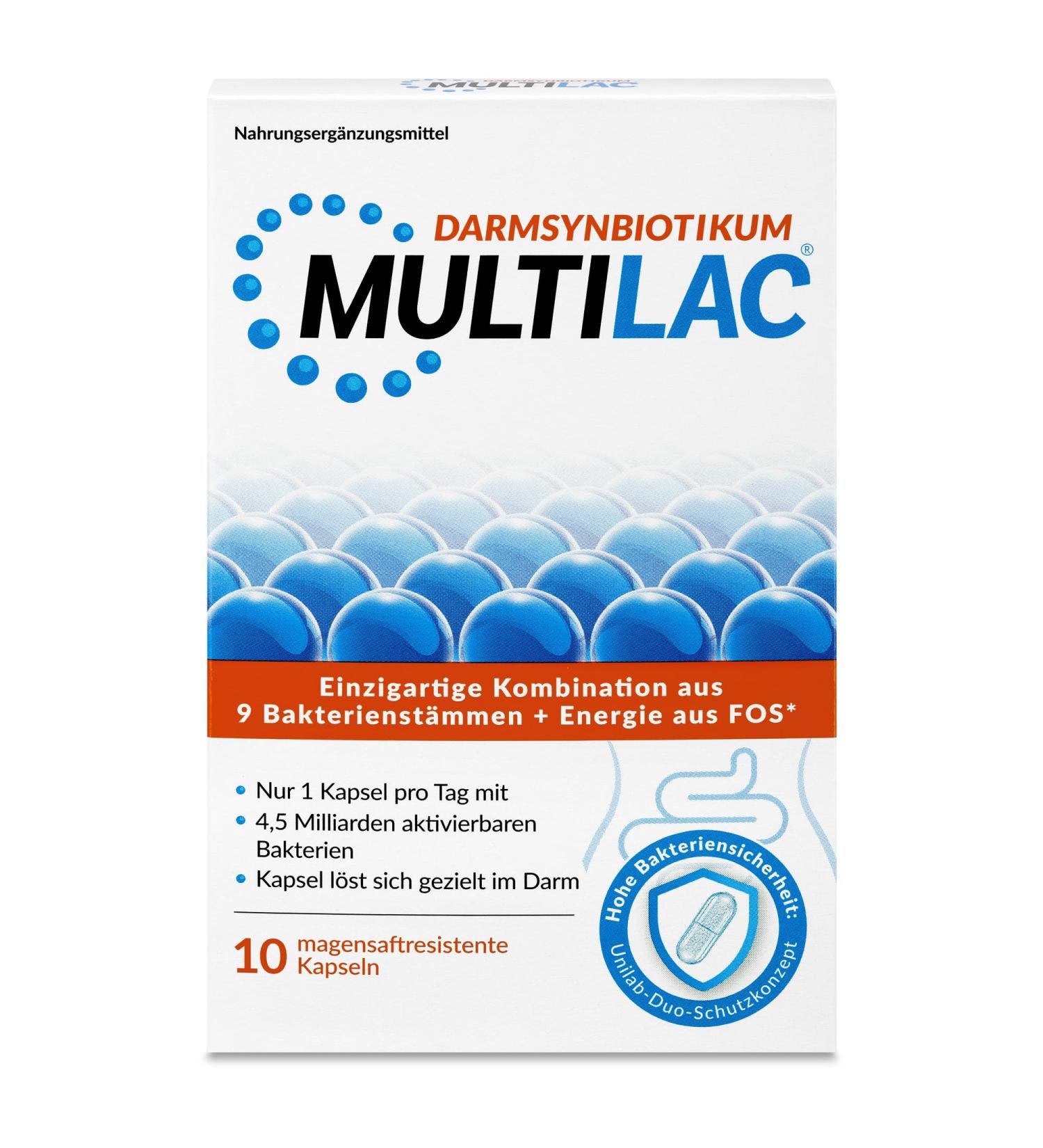 Multilac Intestinal Synbiotic - Vegan Probiotic for Family Health 9 Strains & FOS 10 Gastric-Resistant Capsules - Buy Online on GoSupps.com