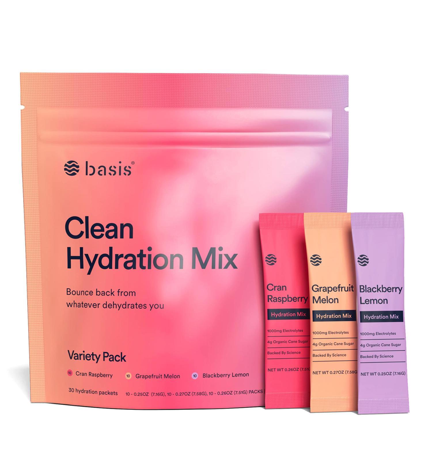 Basis Hydration Low Sugar Electrolyte Mix Powder Packets - Keto-Friendly Supplement Drink for Workout, Travel, and Sports - Pregnancy Dehydration Relief - Variety Pack of 30 Sticks - Buy Online on GoSupps.com
