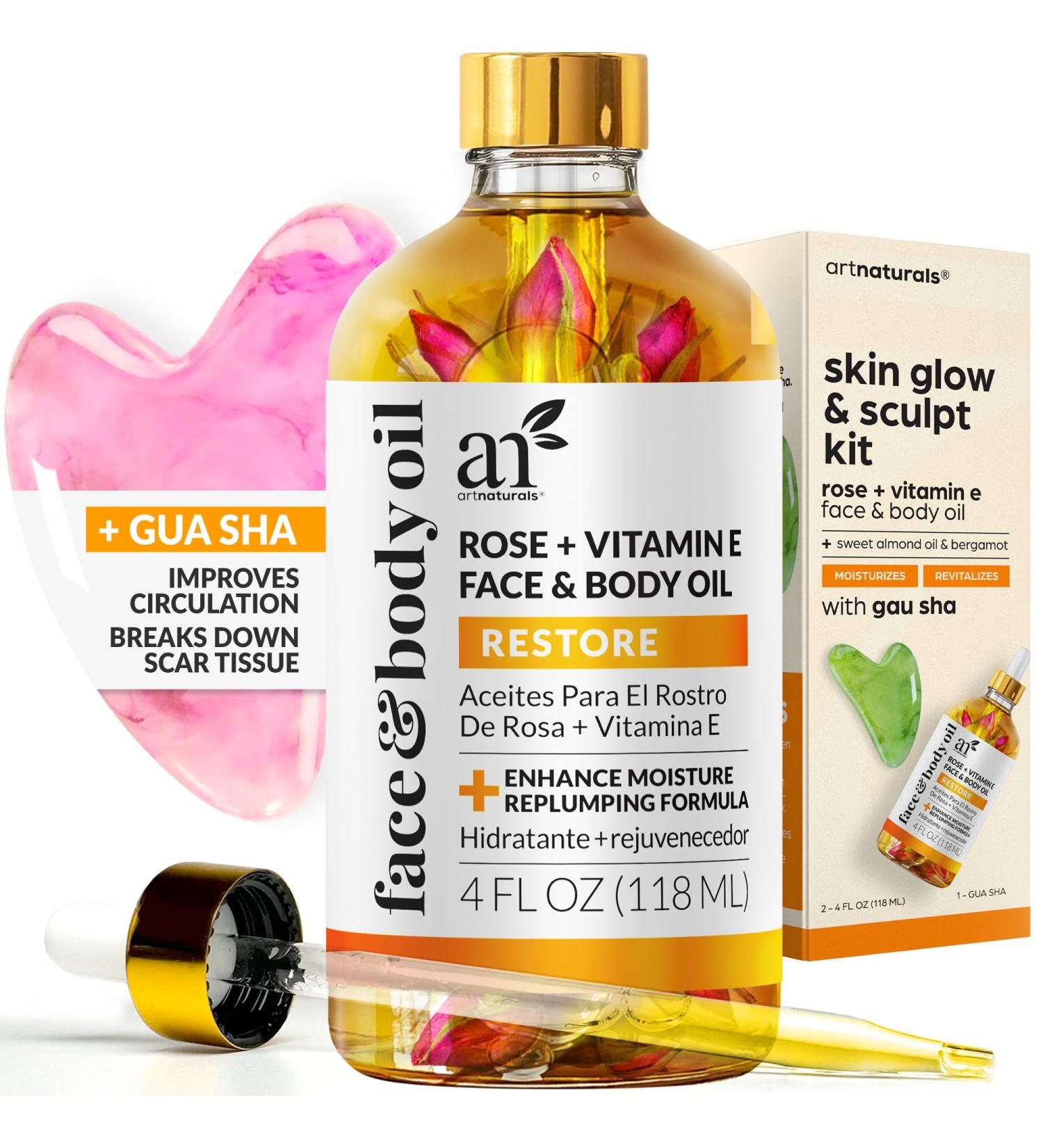 ArtNaturals Face & Body Vitamin E Bio Oil 4.0oz + Gua Sha Facial Tools Set - Organic Moisturizer Skincare for Scars, Stretch Mark, Cellulite & Nails - Great Massage oil for Massaging Joint & Muscle - Buy Online on GoSupps.com