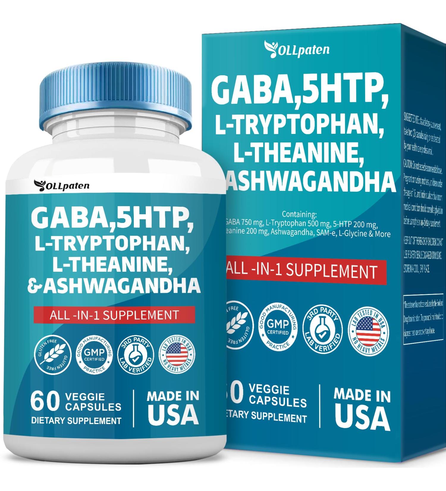 Buy GABA 750mg + 5-HTP 200mg + L-Tryptophan 500mg + L-Theanine 200mg + Ashwagandha 3000mg - Mood Support Vitamins for Men & Women - 60 Capsules - Buy Online on GoSupps.com