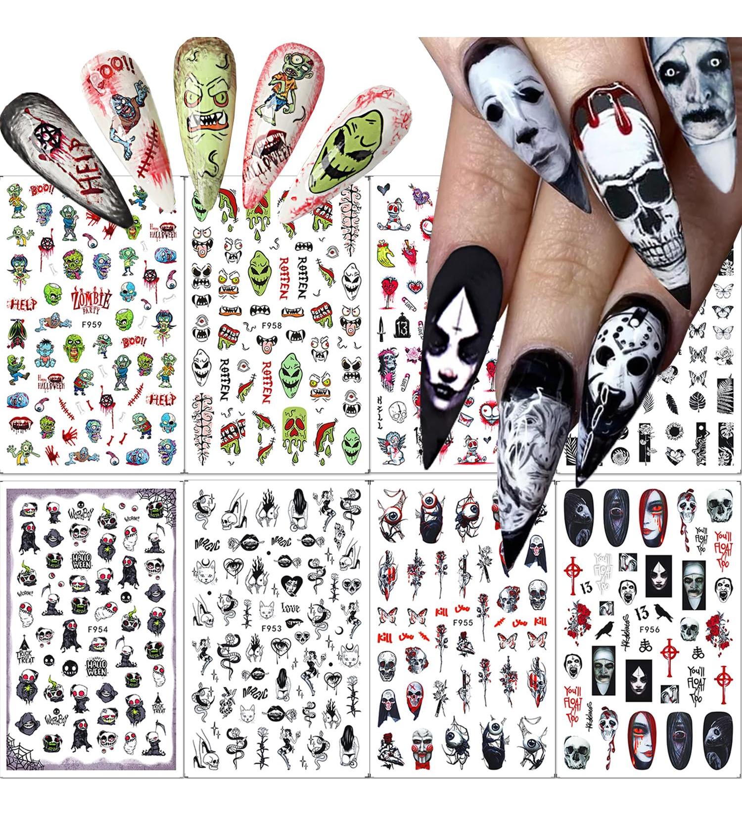 8 Sheets Halloween Nail Art Stickers - 3D Gothic Designs for Women | Skull Snake & Flower Decals | Perfect for Spooky Nail Art - Buy Online on GoSupps.com