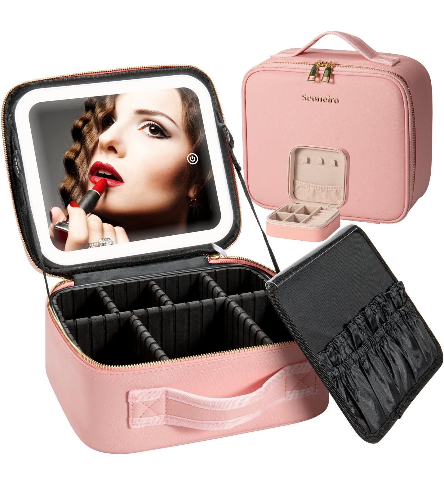 LED Lighted Makeup Travel Bag with Adjustable Dividers - Portable & Waterproof Organizer Case with Mirror - Pink - Buy Online on GoSupps.com