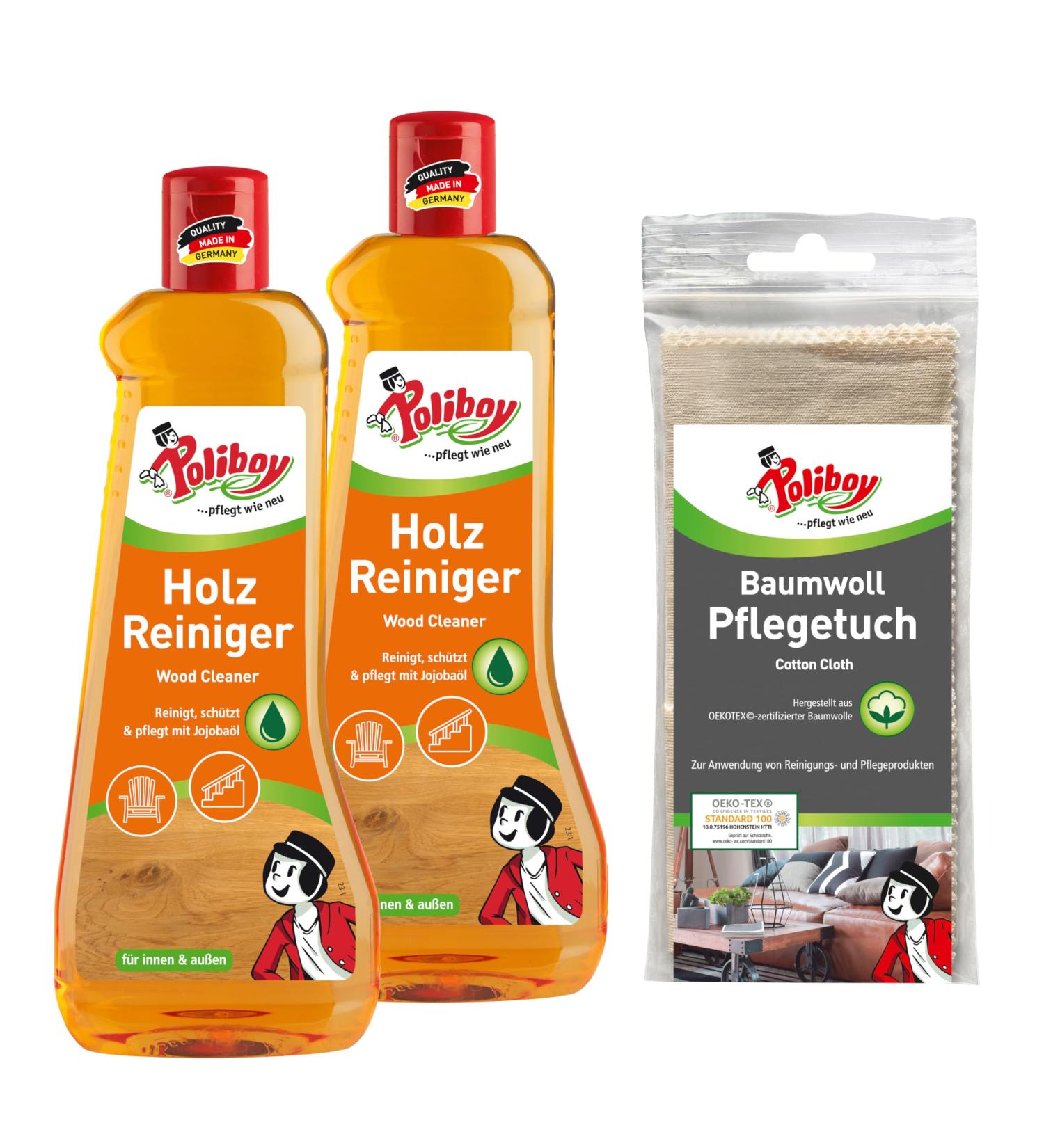 Poliboy Wood Cleaner - Concentrated Furniture Cleaner (2x 500ml) with Cotton Cloth | Made in Germany - Ideal for Indoor & Outdoor Use - Buy Online on GoSupps.com