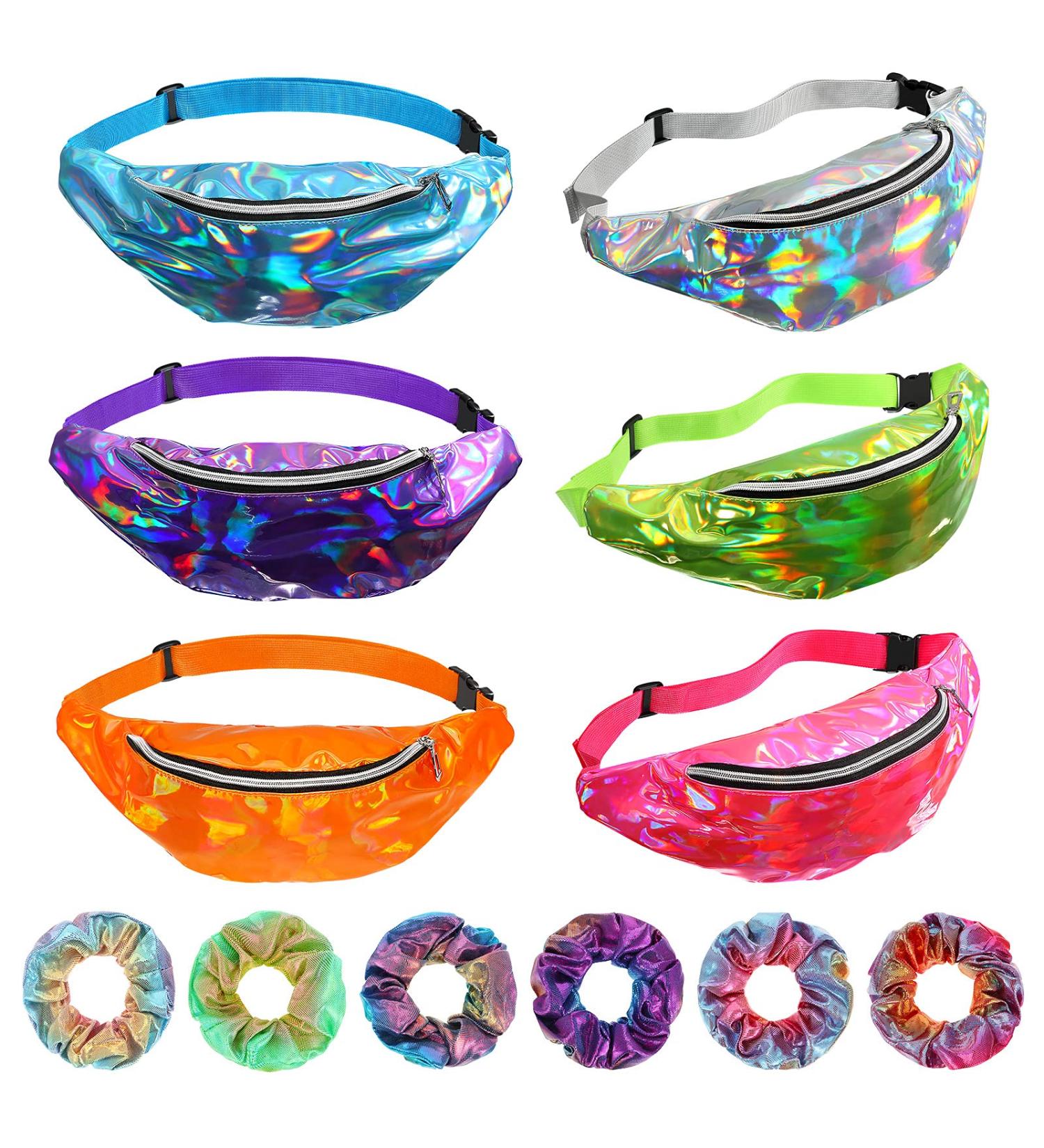 6 Pieces Holographic Fanny Pack Set Bachelorette Fanny Pack 80s Party Metallic Bag Adjustable Neon Waist Bag with 6 Pieces Hair Scrunchies for Women kids Rave Party - Buy Online on GoSupps.com