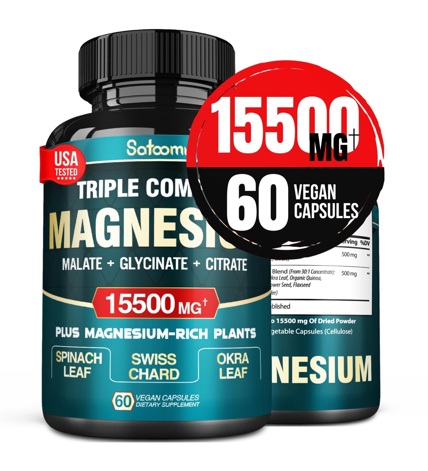 Triple Magnesium Complex Supplement - 15500mg High Concentration with Glycinate, Malate, Citrate, Spinach Leaf - 60 Vegan Capsules for Heart, Joint, Brain Health - Buy Online on GoSupps.com