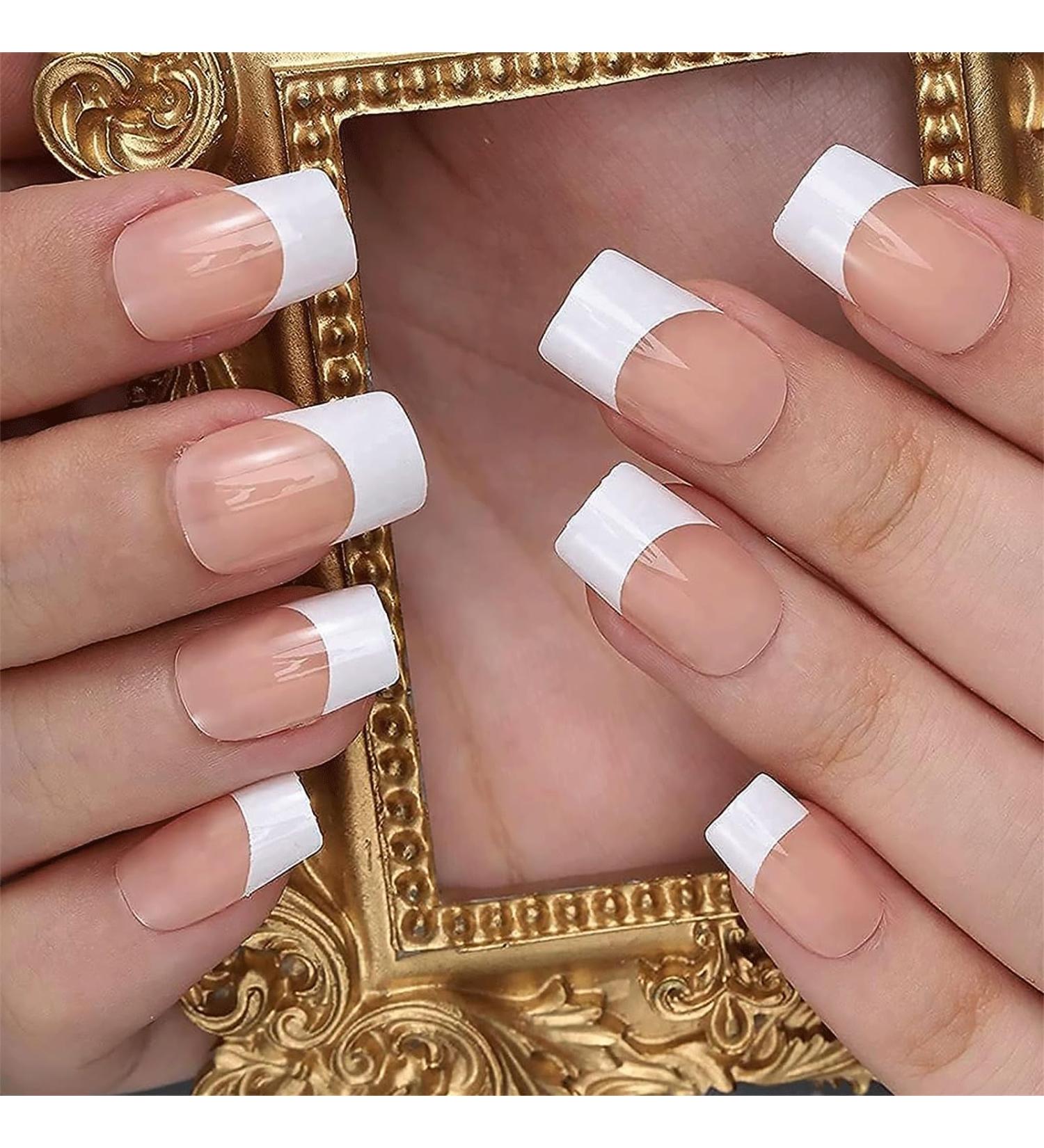 French Tip False Nails 24PCS | Medium Square Nude & White Fake Nails with Jelly Glue - Press on Nails for Women & Girls - Buy Online on GoSupps.com