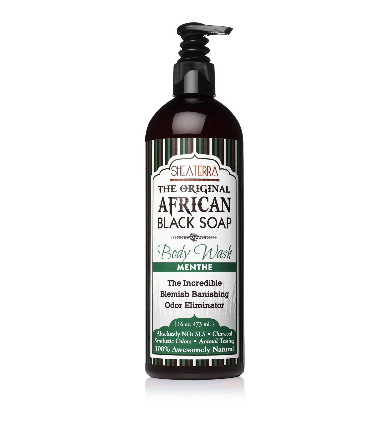 Shea Terra Organics Black Soap Body Wash - 16oz | Natural Peppermint Oil Cleanser for Acne Wrinkles & Firm Skin - Non-Toxic & Organic - Buy Online on GoSupps.com
