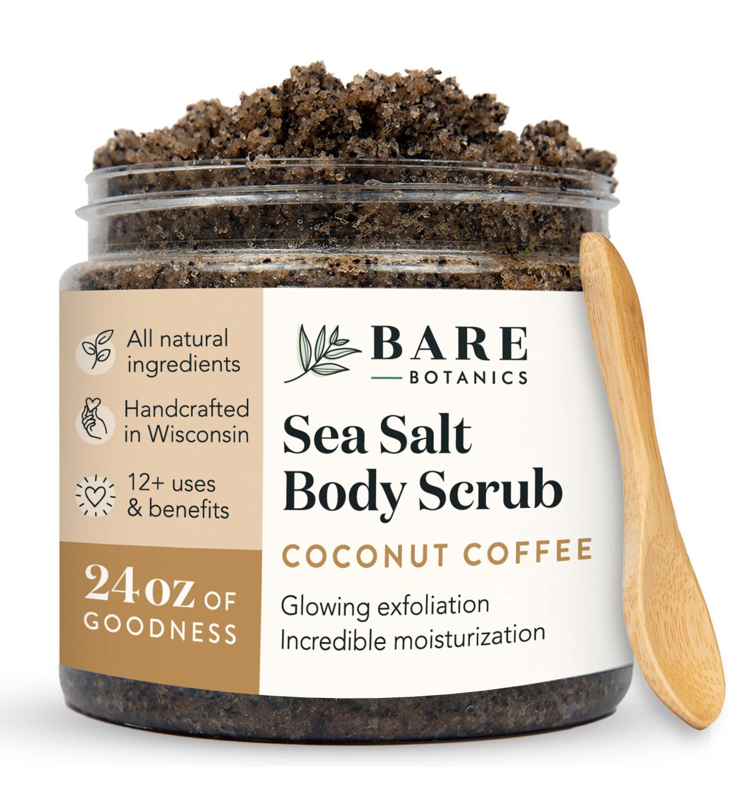 Bare Botanics Coconut Coffee Exfoliating Body Scrub 24oz | Made in USA | All Natural Sea Salt Scrub w/Skin Loving Moisturizers | Vegan & Cruelty Free | Ready to Gift w/a Cute Wooden Spoon - Buy Online on GoSupps.com