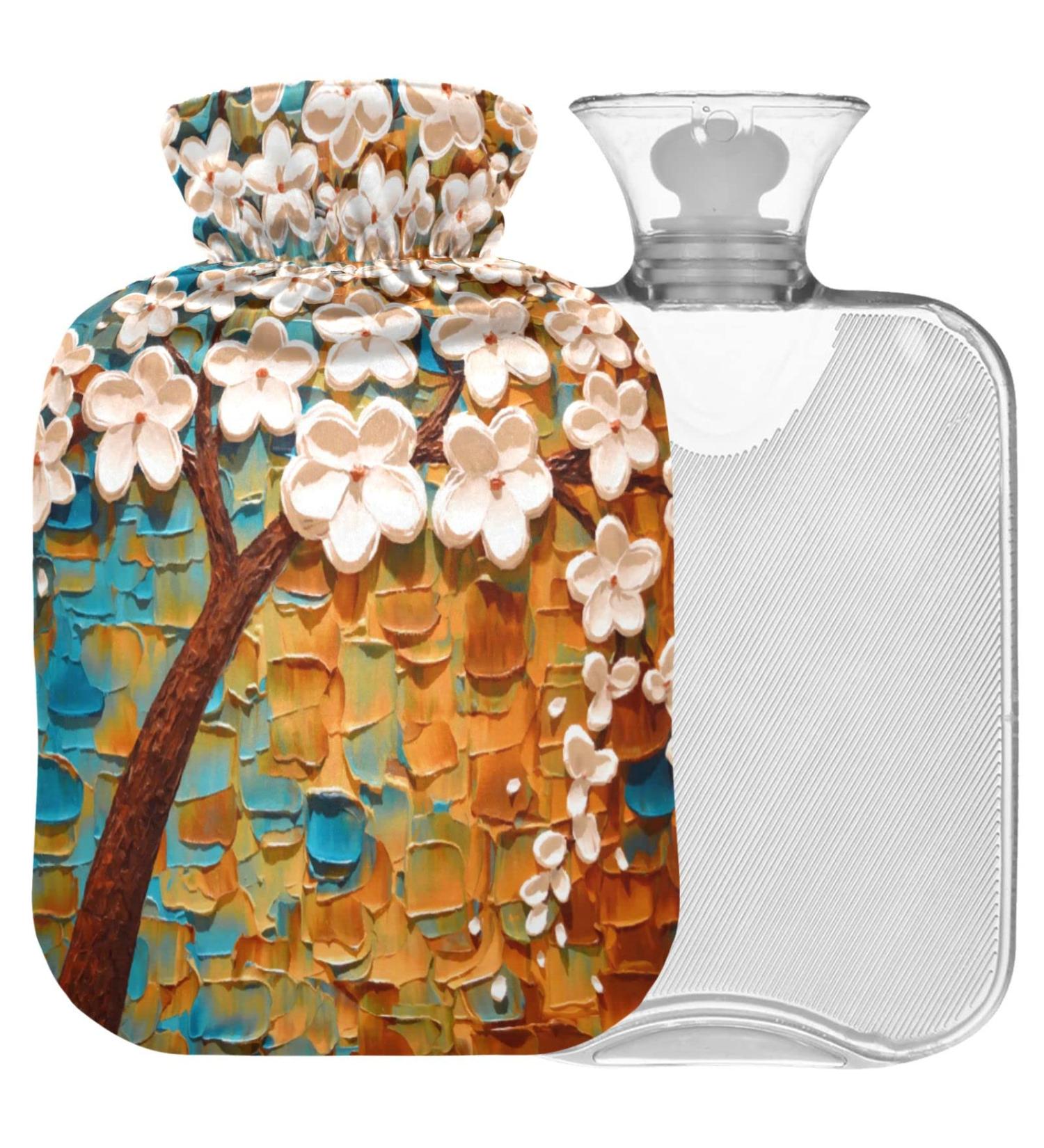 NAANLE Hot Water Bottle with Cover - 2L Transparent Flower Tree Design for Pain Relief & Heat Therapy | Large Warm Water Bottle for Back Hand & Feet - Buy Online on GoSupps.com
