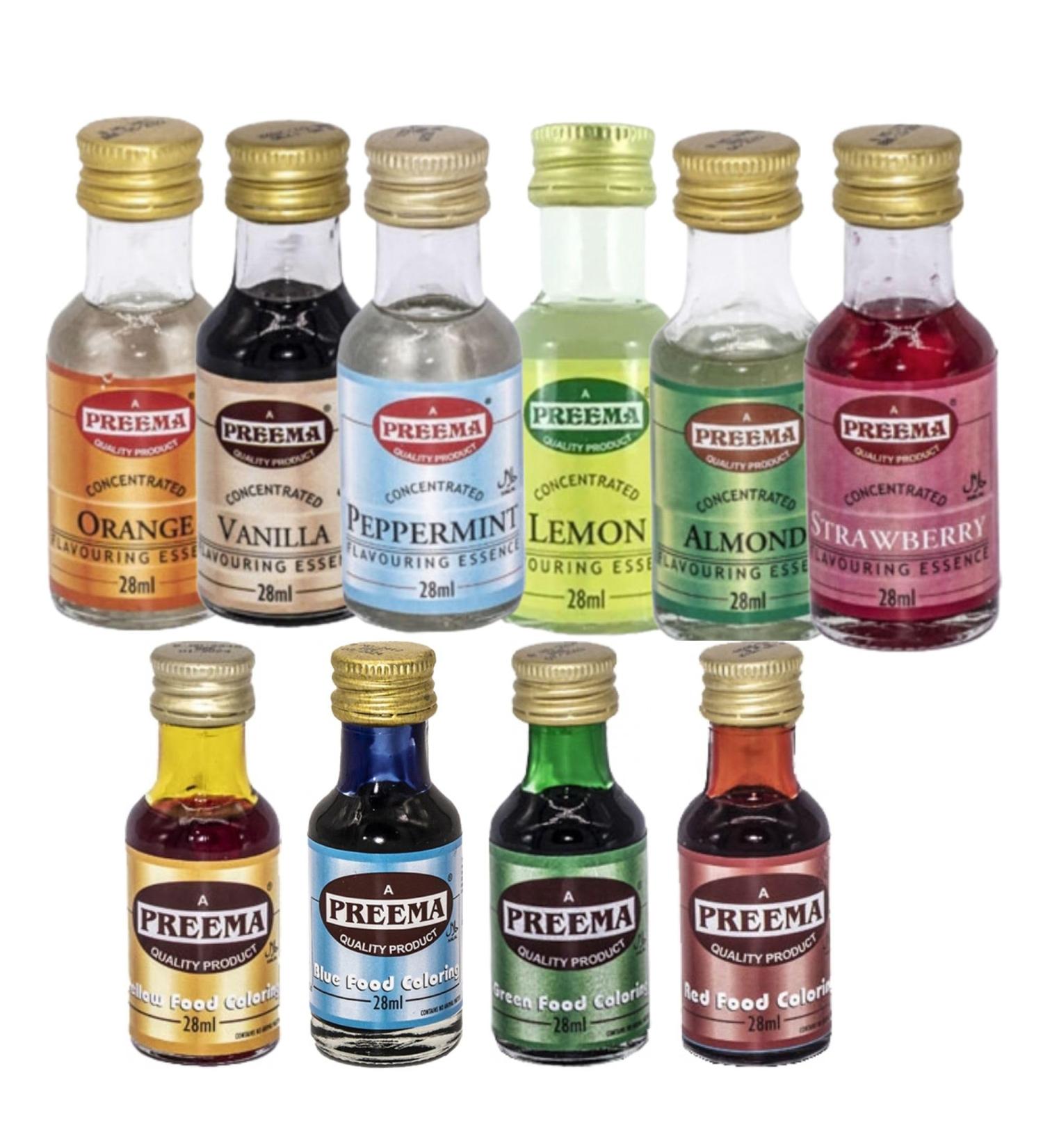Food Flavouring Essence and Food Colour Bundle Containing 6 Preema Food Flavours/Essences and 4 Food Colours (Peppermint Almond Vanilla and More) - Buy Online on GoSupps.com