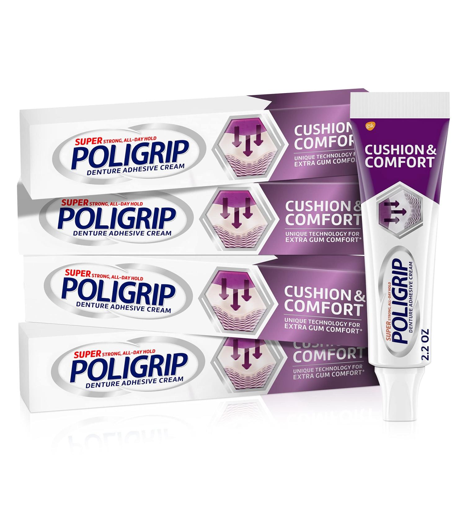Poligrip Cushion & Comfort Denture Adhesive Cream 2.2 oz - Pack of 4 - Buy Online on GoSupps.com